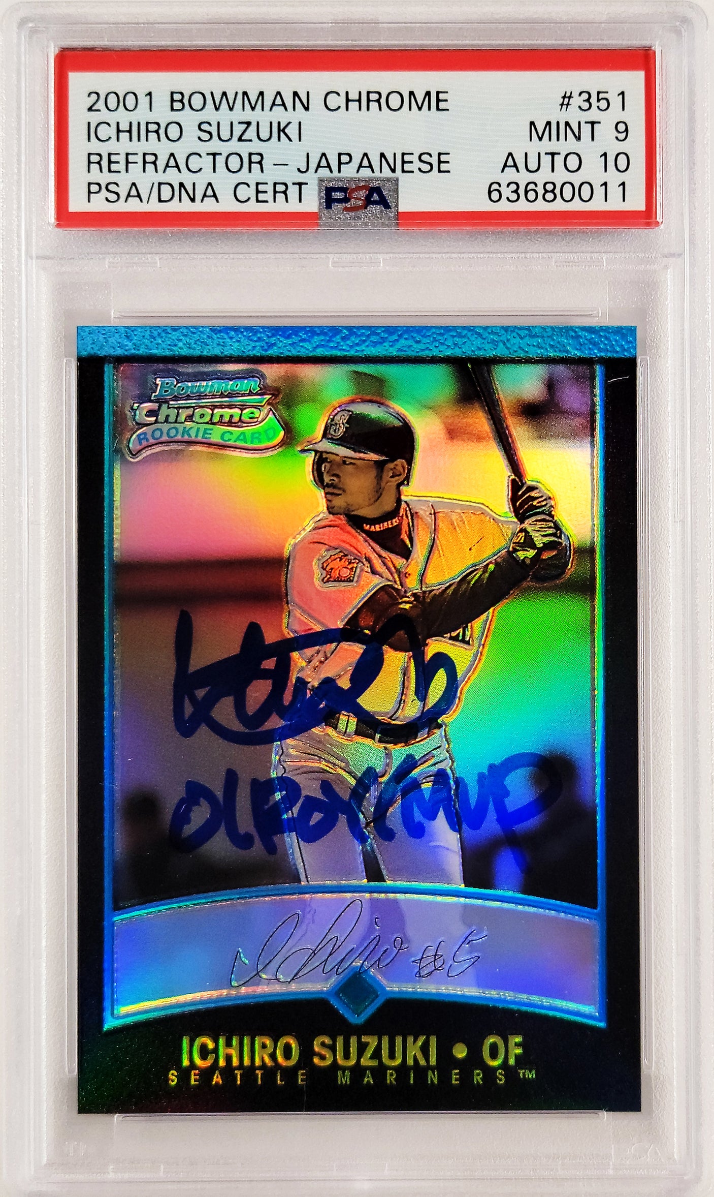 Ichiro Suzuki Autographed 2001 Bowman Chrome Refractor Japanese Rookie Card #351 Seattle Mariners PSA 9 Auto Grade Gem Mint 10 "01 ROY/MVP" PSA/DNA #63680011