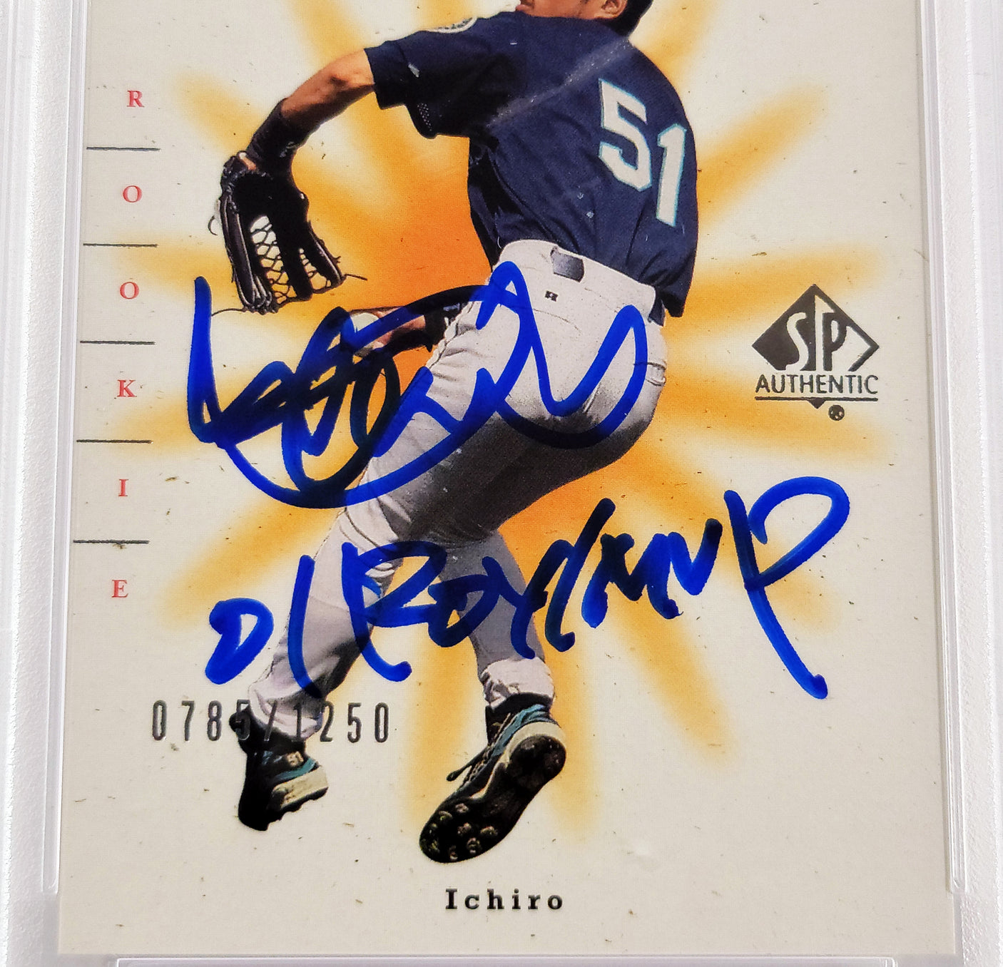 Ichiro Suzuki Autographed 2001 SP Authentic Rookie Card #91 Seattle Mariners PSA 8 Auto Grade Gem Mint 10 "01 ROY/MVP" #785/1250 PSA/DNA #63680058