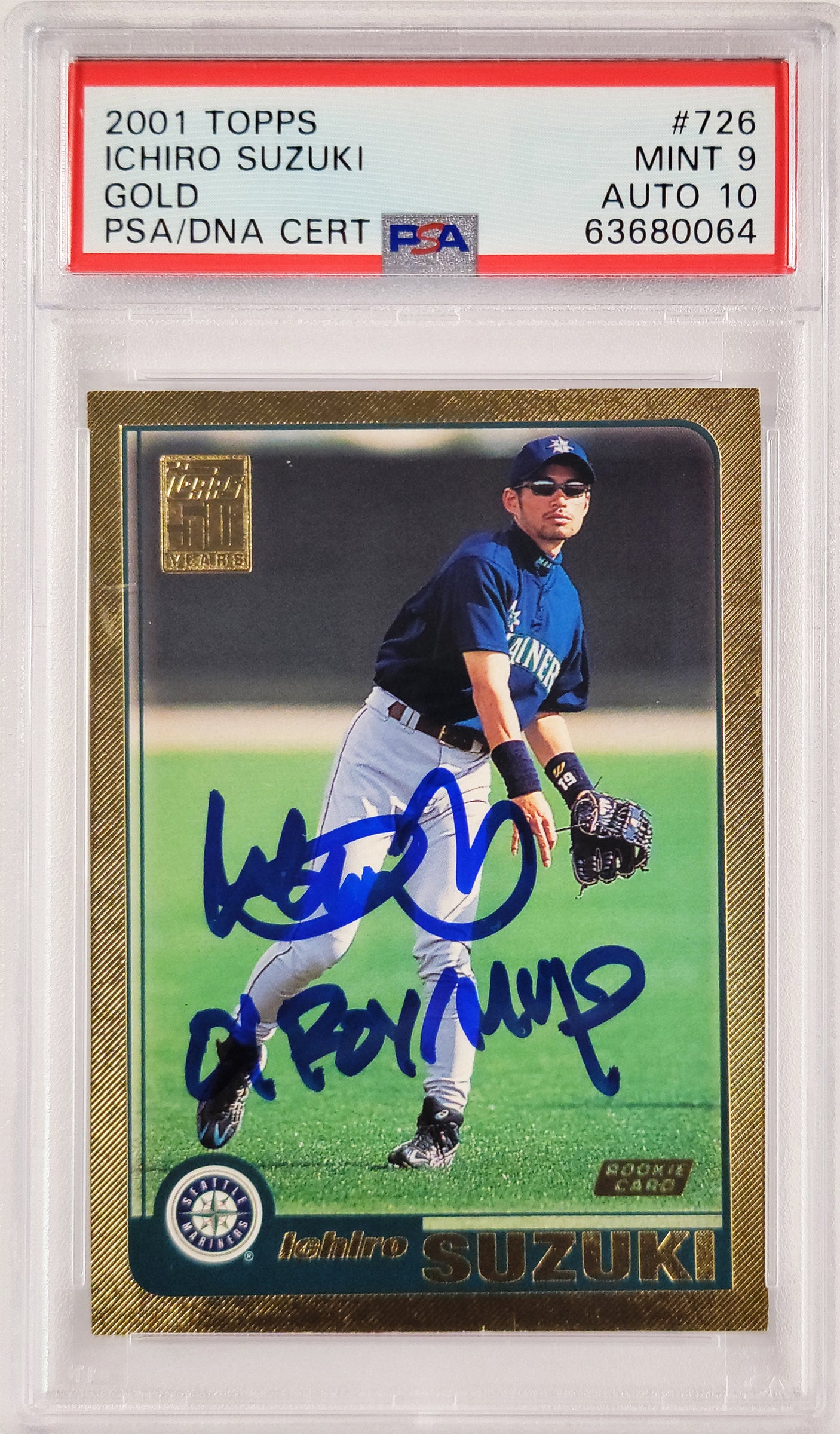 Ichiro Suzuki Autographed 2001 Topps Gold Rookie Card #726 Seattle Mariners PSA 9 Auto Grade Gem Mint 10 "01 ROY/MVP" Highest Graded PSA/DNA #63680064