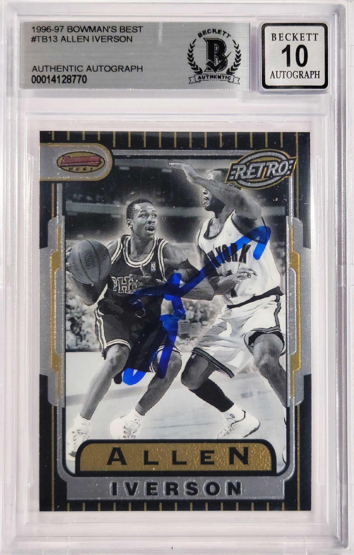 Allen Iverson Autographed 1996-97 Bowman's Best Retro Rookie Card #TB13 Philadelphia 76ers Auto Grade Gem Mint 10 Beckett BAS #14128770
