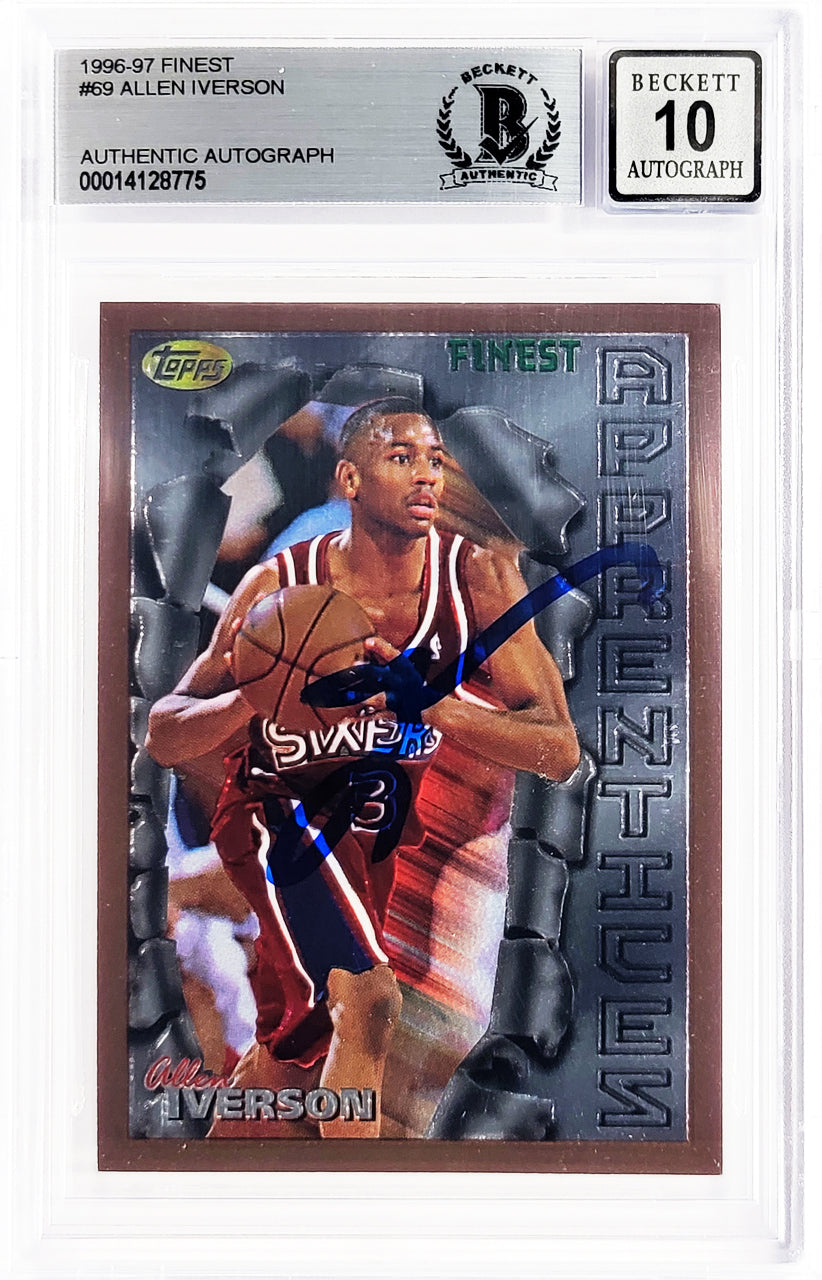 Allen Iverson Autographed 1996-97 Topps Finest Rookie Card #69 Philadelphia 76ers Auto Grade Gem Mint 10 Beckett BAS Stock #205790