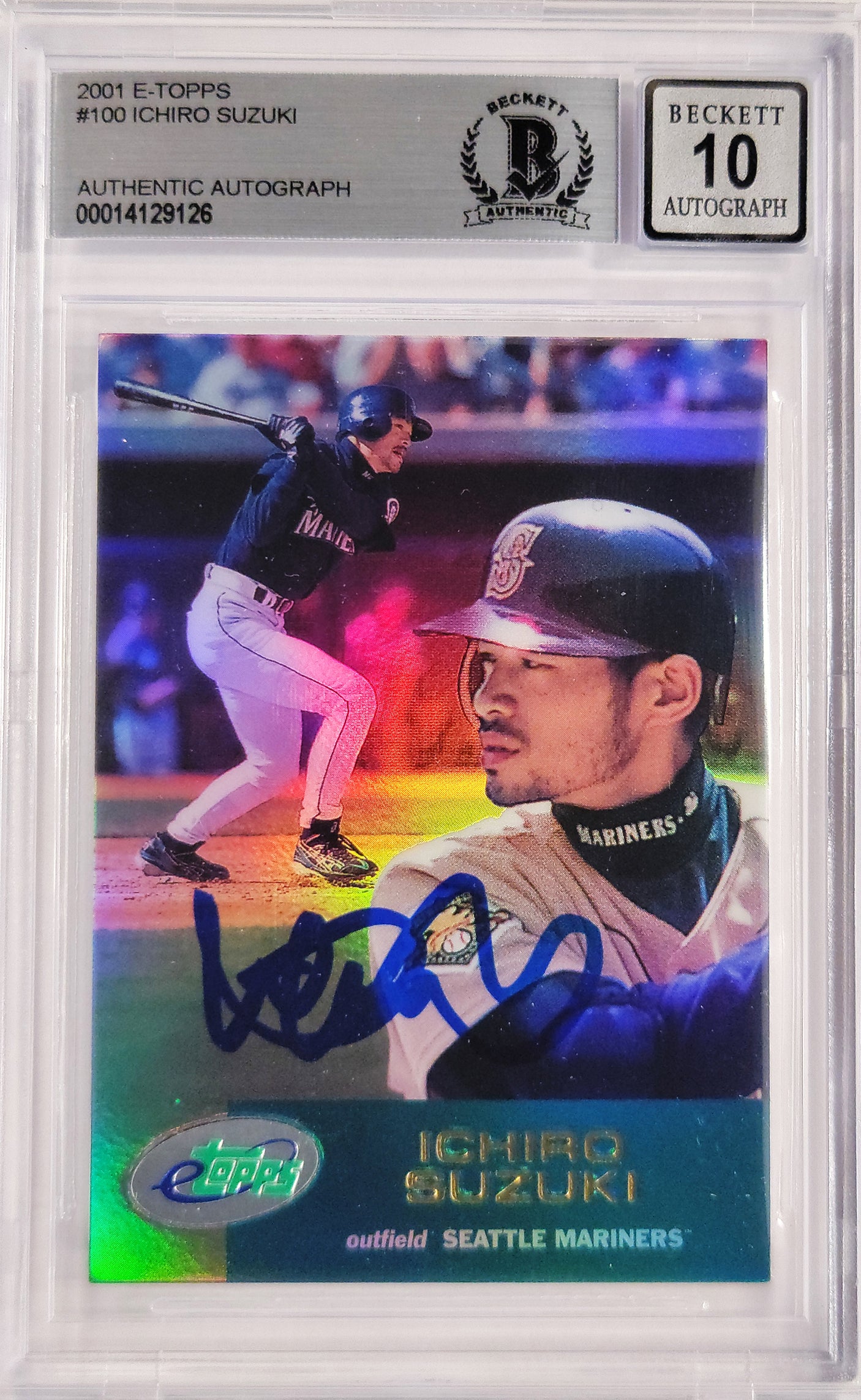 Ichiro Suzuki Autographed 2001 eTopps Rookie Card #100 Seattle Mariners Auto Grade Gem Mint 10 Beckett BAS #14129126