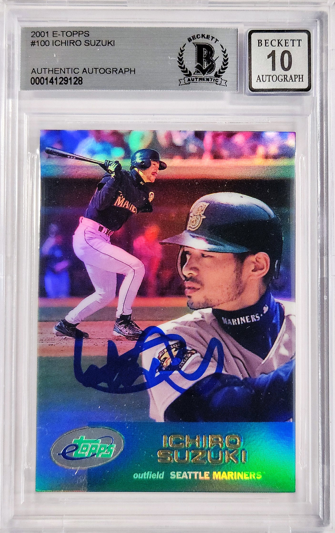 Ichiro Suzuki Autographed 2001 eTopps Rookie Card #100 Seattle Mariners Auto Grade Gem Mint 10 Beckett BAS #14129128