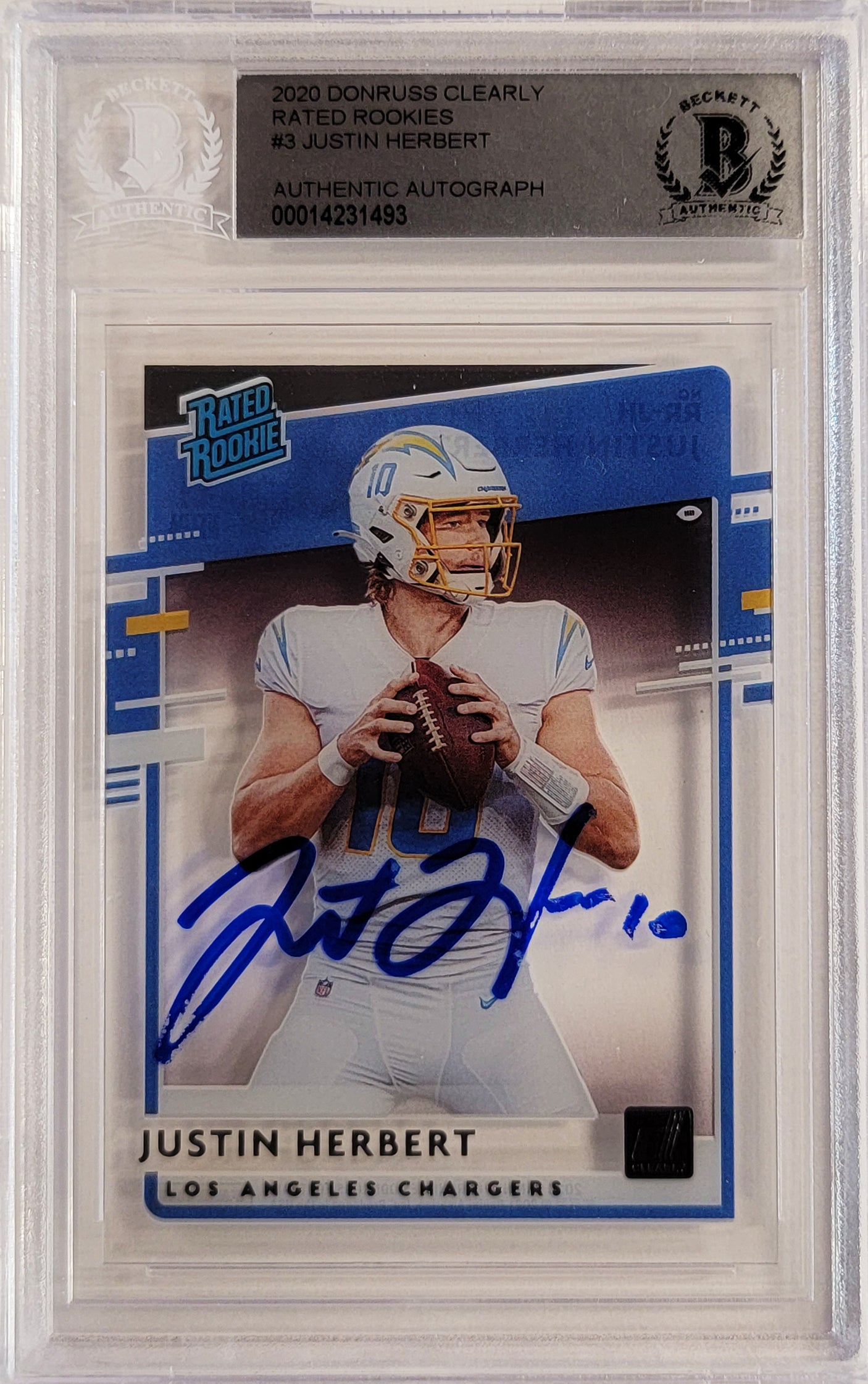Justin Herbert Autographed 2020 Donruss Clearly Rated Rookie Card #RR-JH Los Angeles Chargers Beckett BAS #14231493