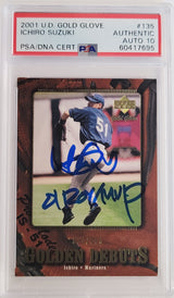 Ichiro Suzuki Autographed 2001 UD Gold Glove Rookie Card #135 Seattle Mariners Auto Grade Gem Mint 10 "01 ROY/MVP" #354/500 PSA/DNA #60417695