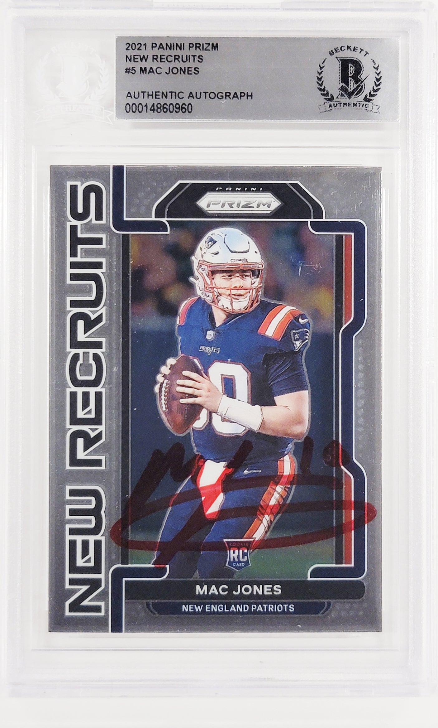 Mac Jones Autographed 2021 Panini Prizm New Recruits Rookie Card #NR-5 New England Patriots Beckett BAS #14860960