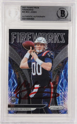 Mac Jones Autographed 2021 Panini Prizm Fireworks Rookie Card #F-25 New England Patriots Beckett BAS #14860965