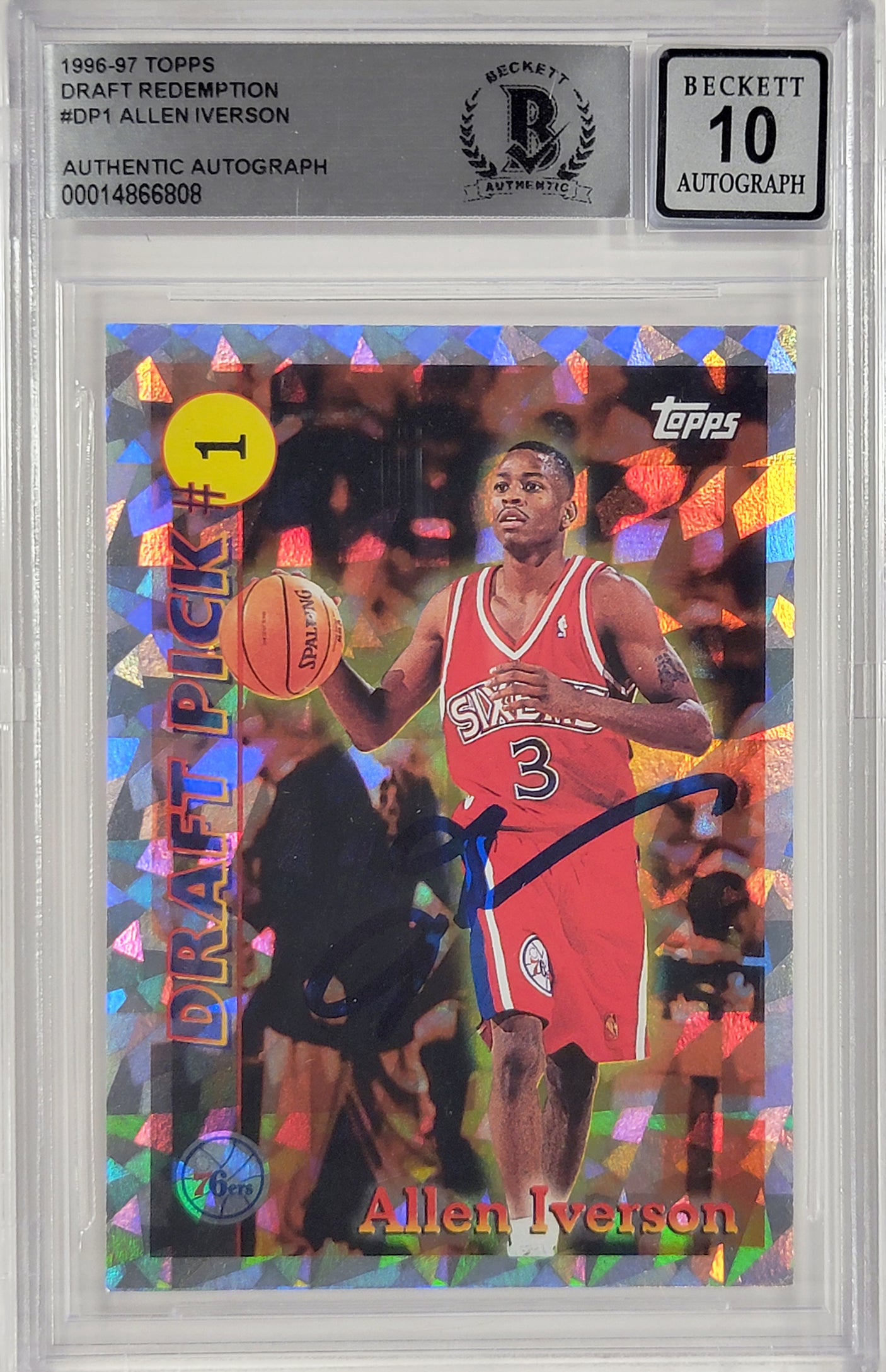 Allen Iverson Autographed 1996-97 Topps Draft Pick Rookie Card #DP1 Philadelphia 76ers Auto Grade Gem Mint 10 Beckett BAS #14866808