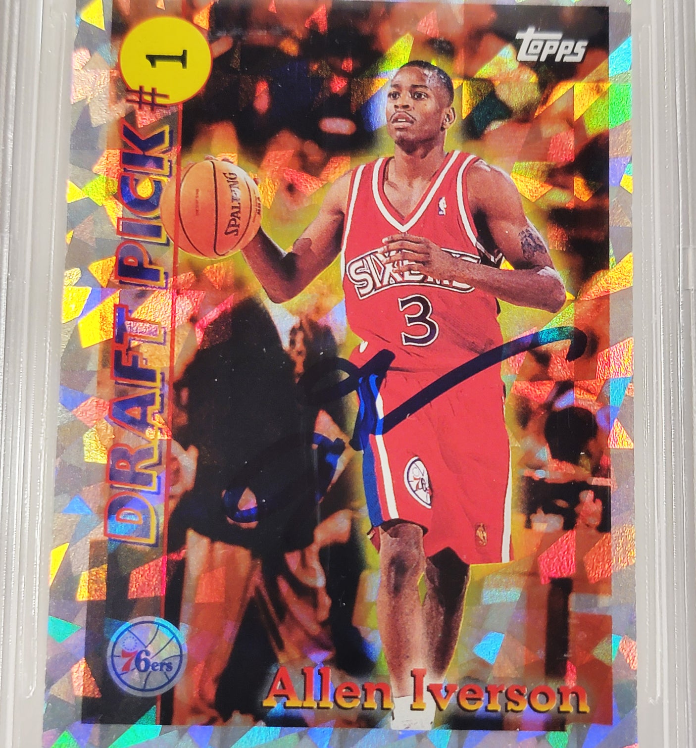 Allen Iverson Autographed 1996-97 Topps Draft Pick Rookie Card #DP1 Philadelphia 76ers Auto Grade Gem Mint 10 Beckett BAS #14866808