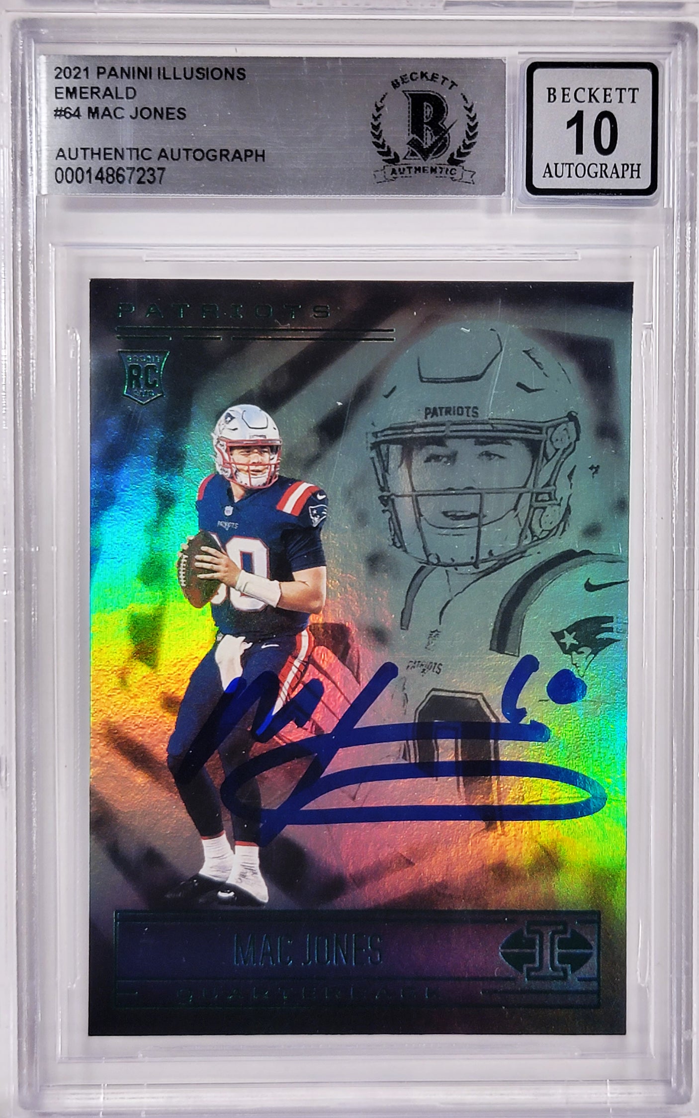 Mac Jones Autographed 2021 Panini Illusions Green Emerald Rookie Card #64 New England Patriots Auto Grade Gem Mint 10 Beckett BAS #14867237