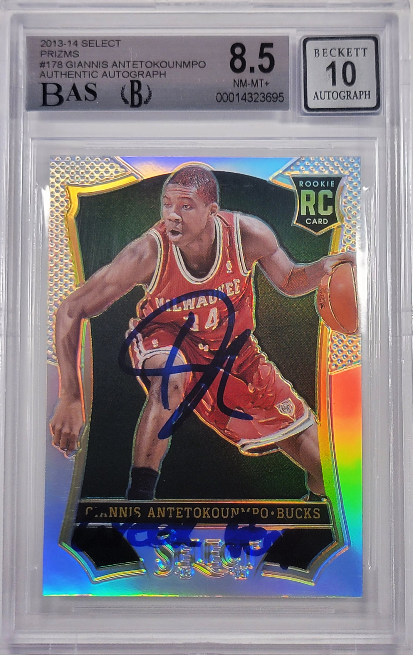 Giannis Antetokounmpo Autographed 2013-14 Panini Select Prizms Rookie Card #178 Milwaukee Bucks BGS 8.5 Auto Grade Gem Mint 10 "Greek Freak" Beckett BAS #14323695