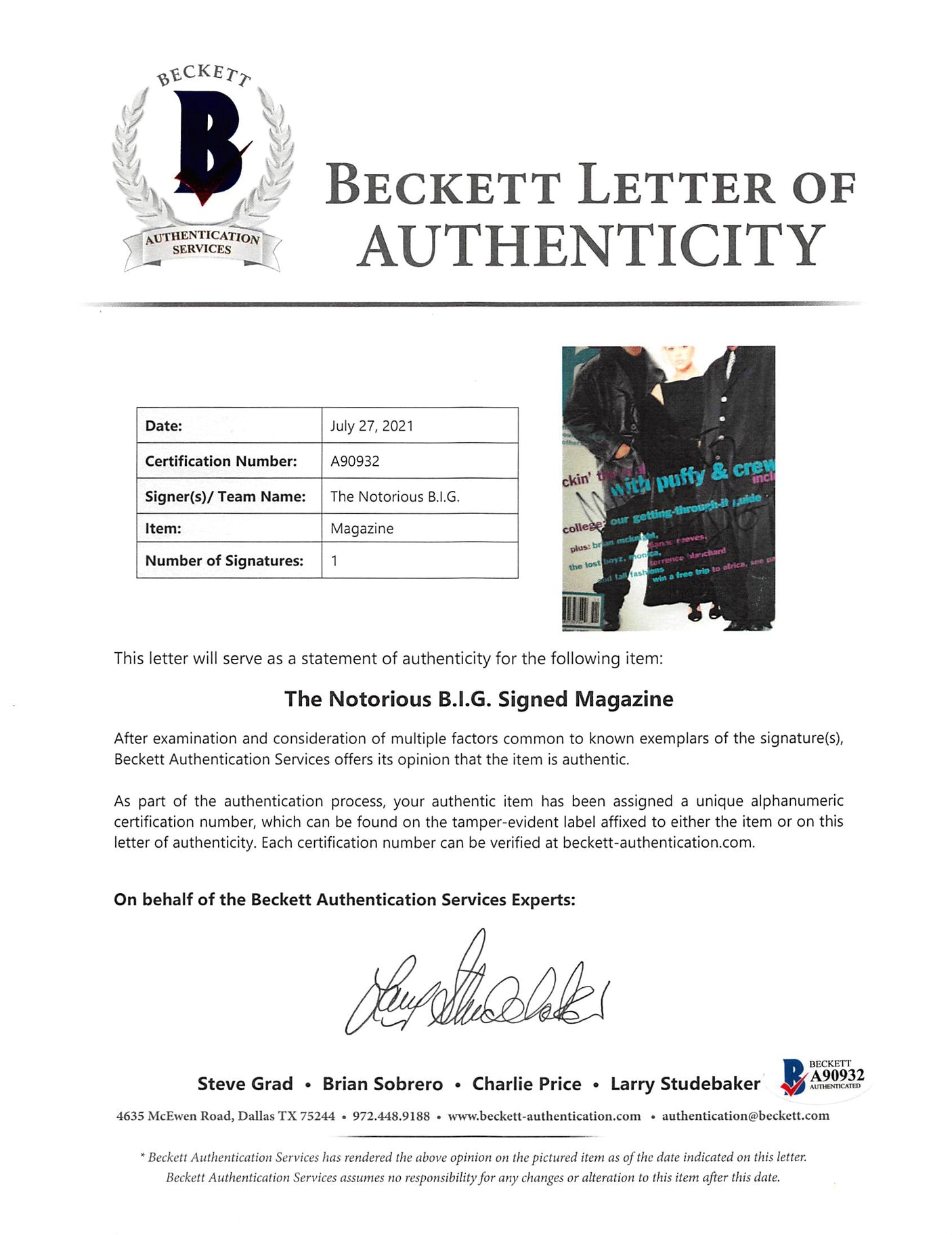 The Notorius B.I.G. Authentic Signed November 1995 YS&B Magazine BAS #A90932