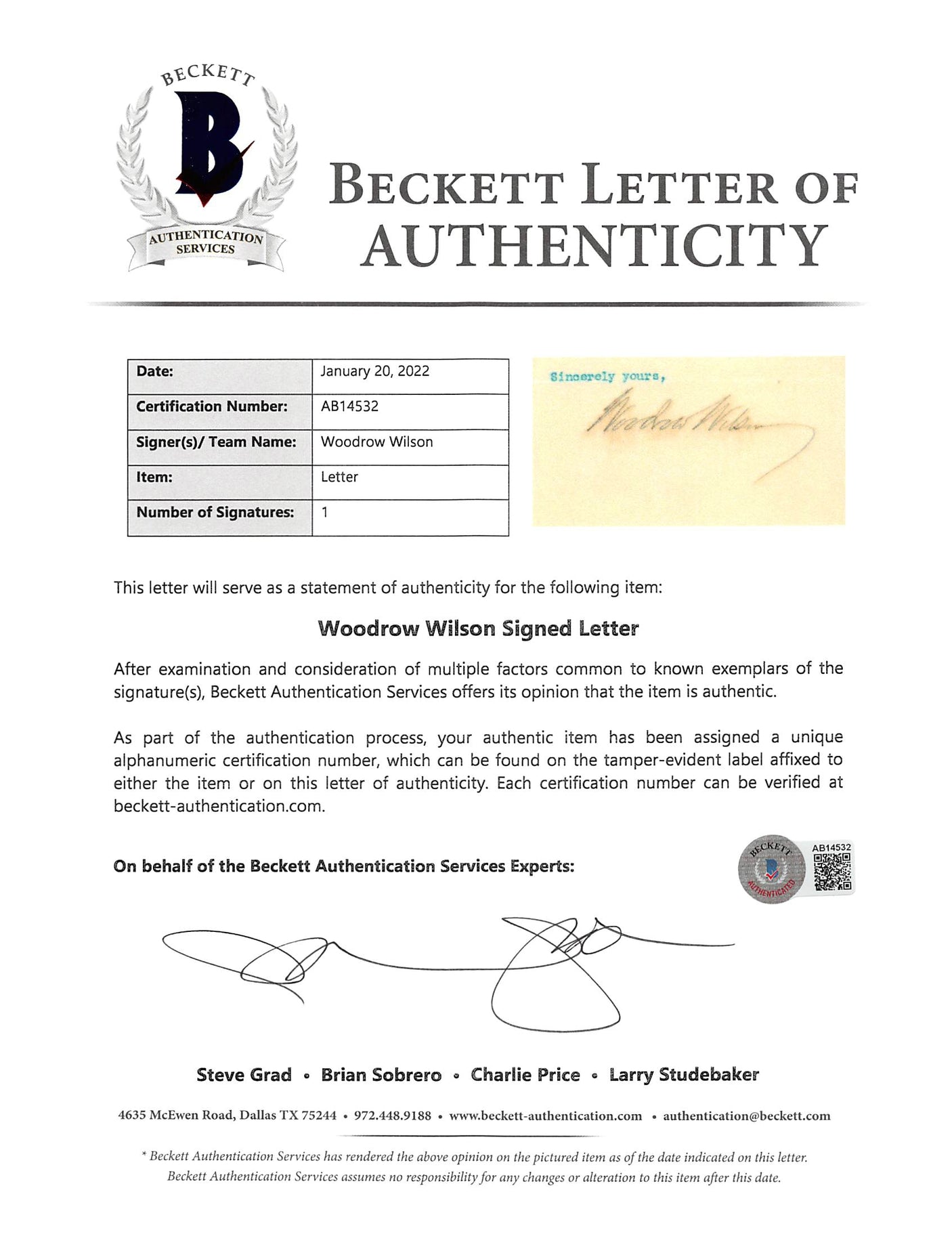 Woodrow Wilson Signed 7x8.8 1913 Letter On White House Letterhead BAS #AB14532