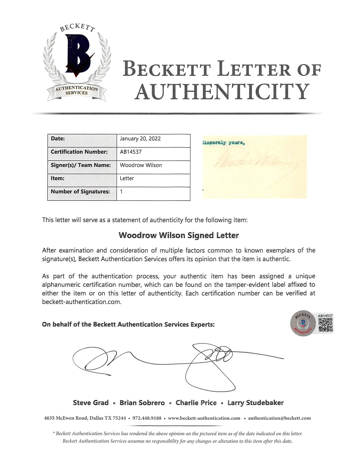 Woodrow Wilson Signed 7x8.8 1913 Letter On White House Letterhead BAS #AB14537