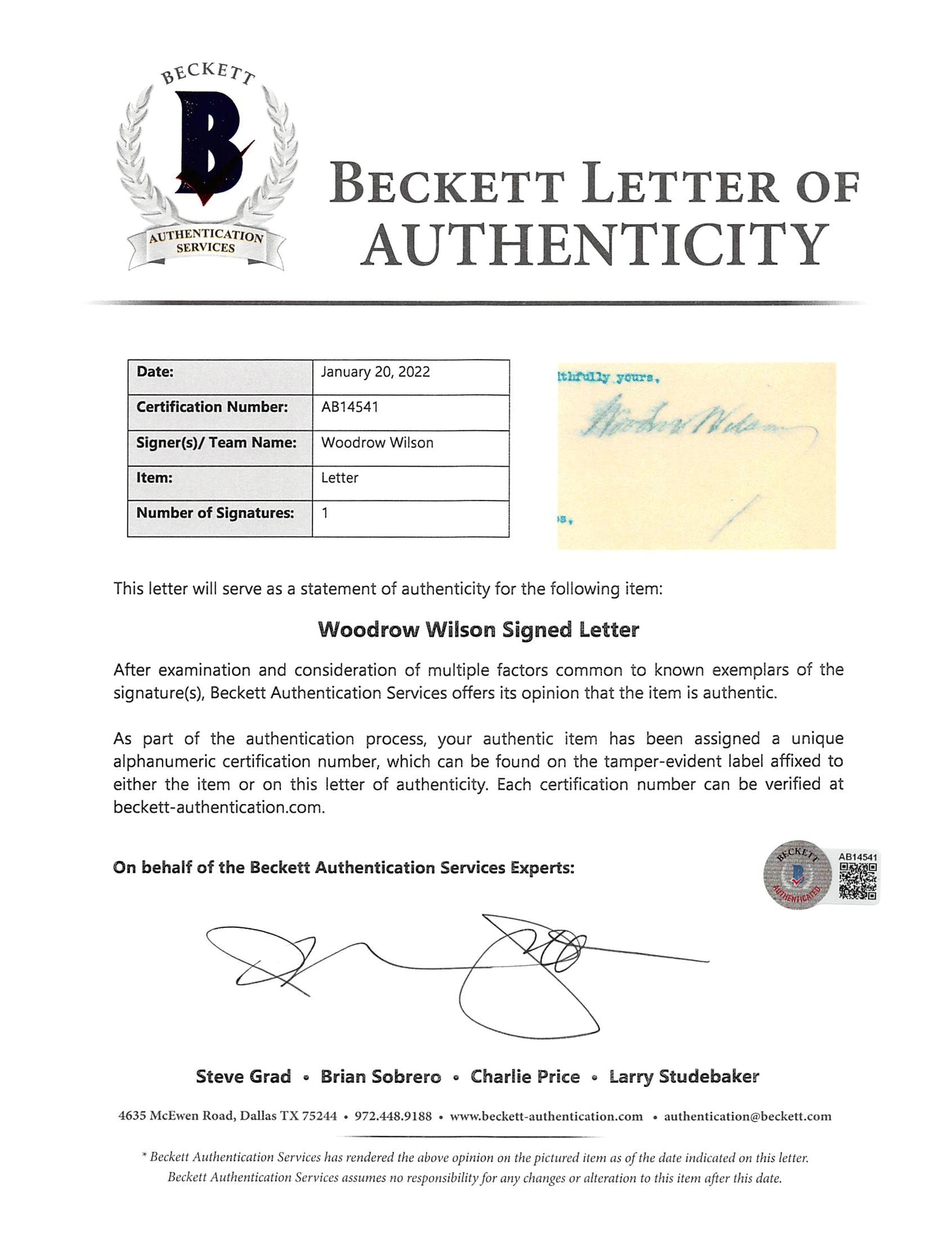 Woodrow Wilson Authentic Signed 7x8.8 Letter Dated March 6, 1914 On White House Letterhead BAS #AB14541