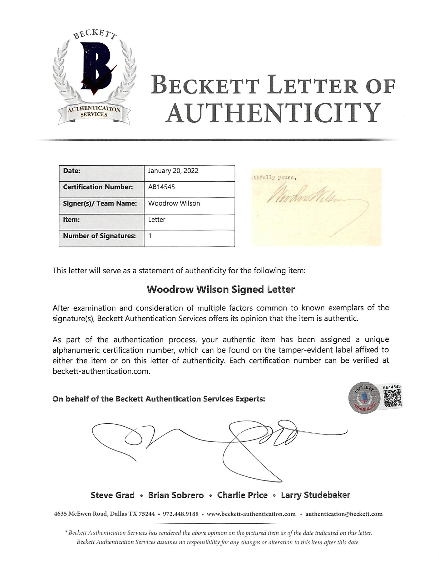 Woodrow Wilson Authentic Signed 7.85x9.5 Letter January 27, 1913 BAS #AB14545
