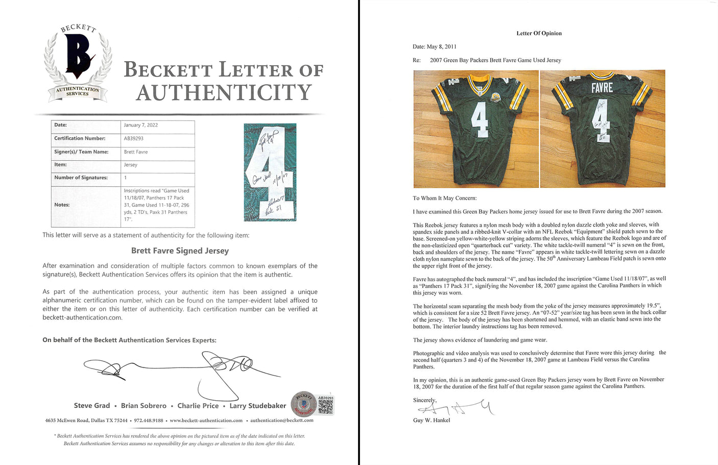 Packers Brett Favre Signed Game Used Green Reebok Jersey BAS & Photomatched!