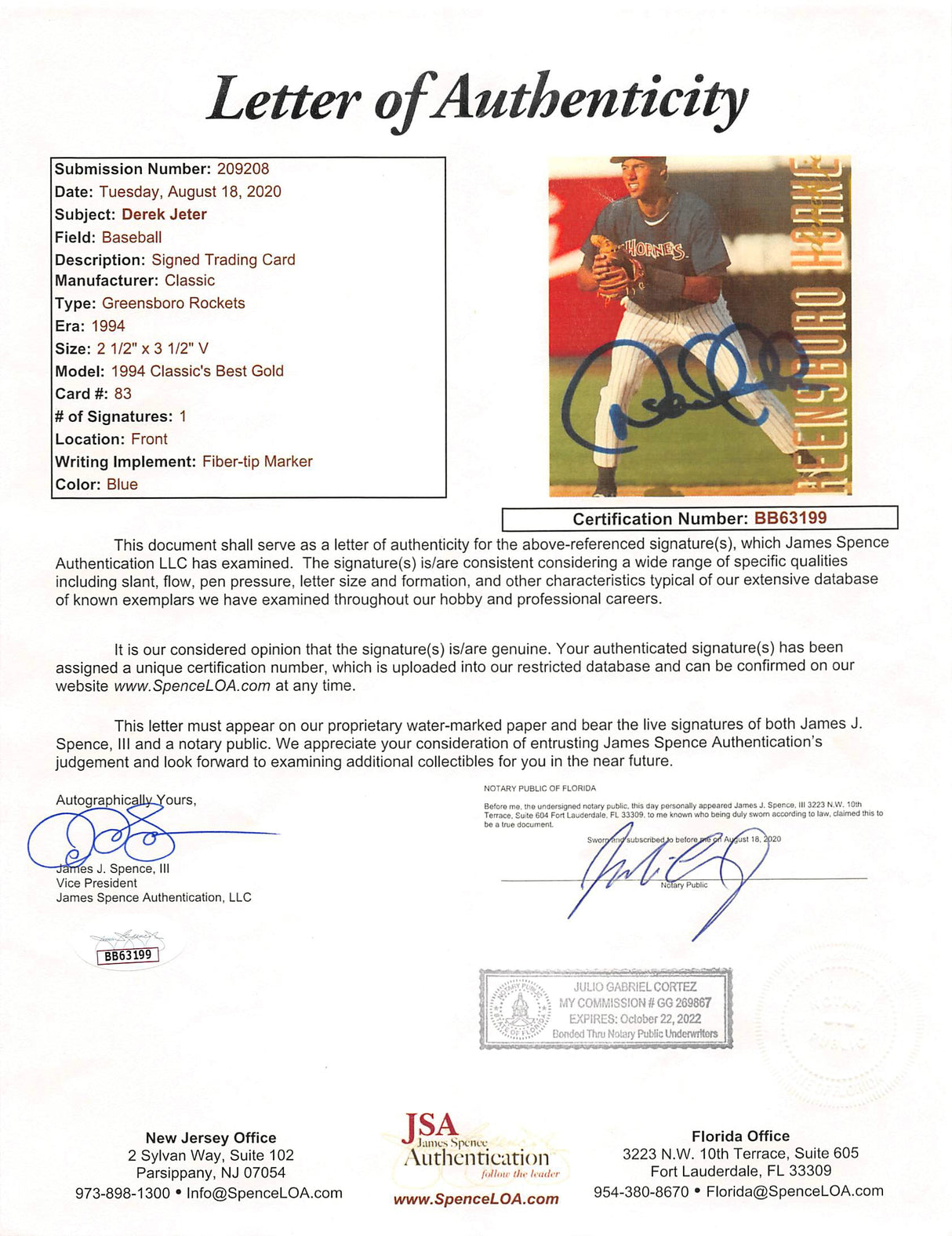 Yankees Derek Jeter Signed 1994 Classic's Best Gold #83 Rookie Card JSA #BB63199