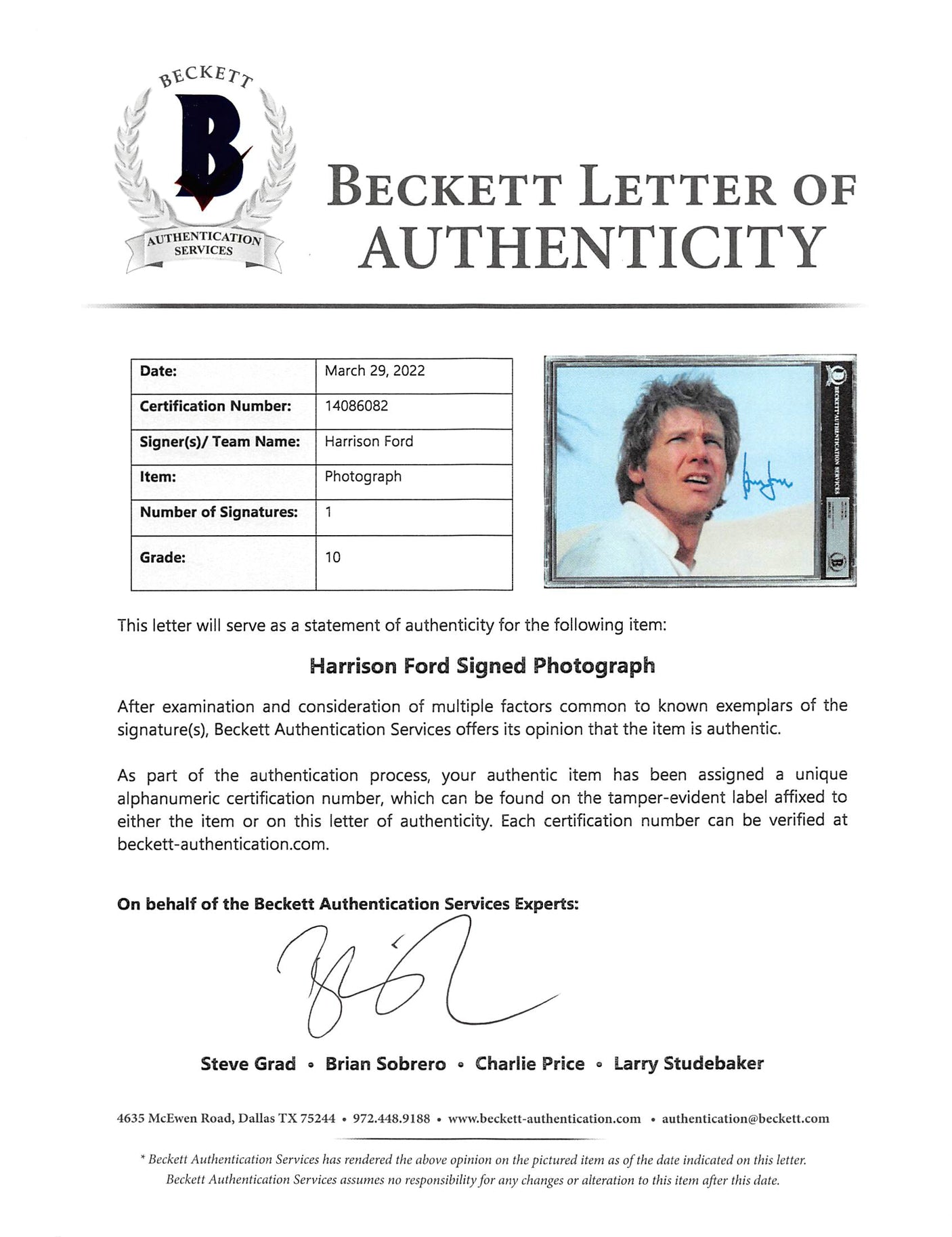 Harrison Ford Star Wars Authentic Signed 8x10 Photo Auto Graded 10! BAS Slabbed