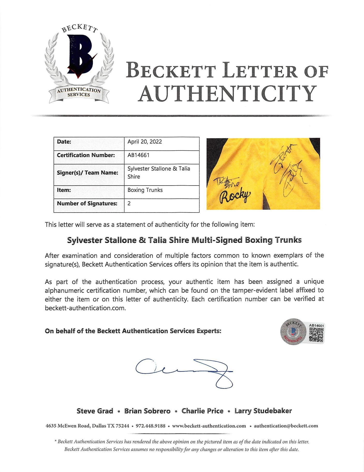 Sylvester Stallone & Talia Shire Signed Yellow Rocky Boxing Trunks BAS #AB14661