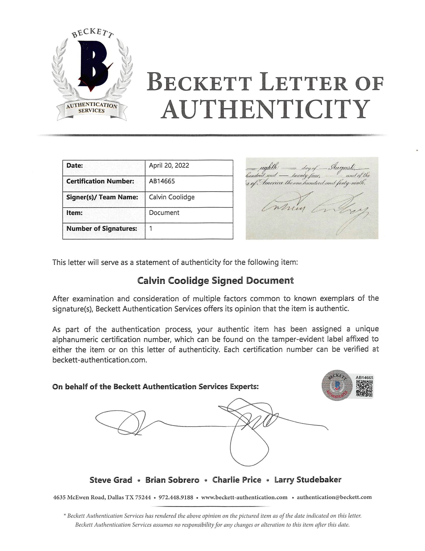 Calvin Coolidge Signed 14x19 1924 Foreign Service Office Appointment BAS LOA