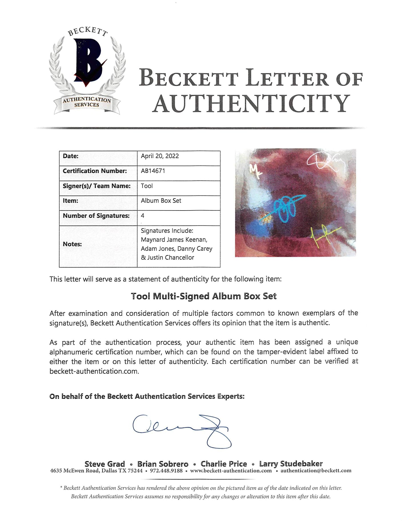 Tool (4) Keenan, Jones, Carey & Chancellor Signed Fear Inoculum Set BAS #AB14671