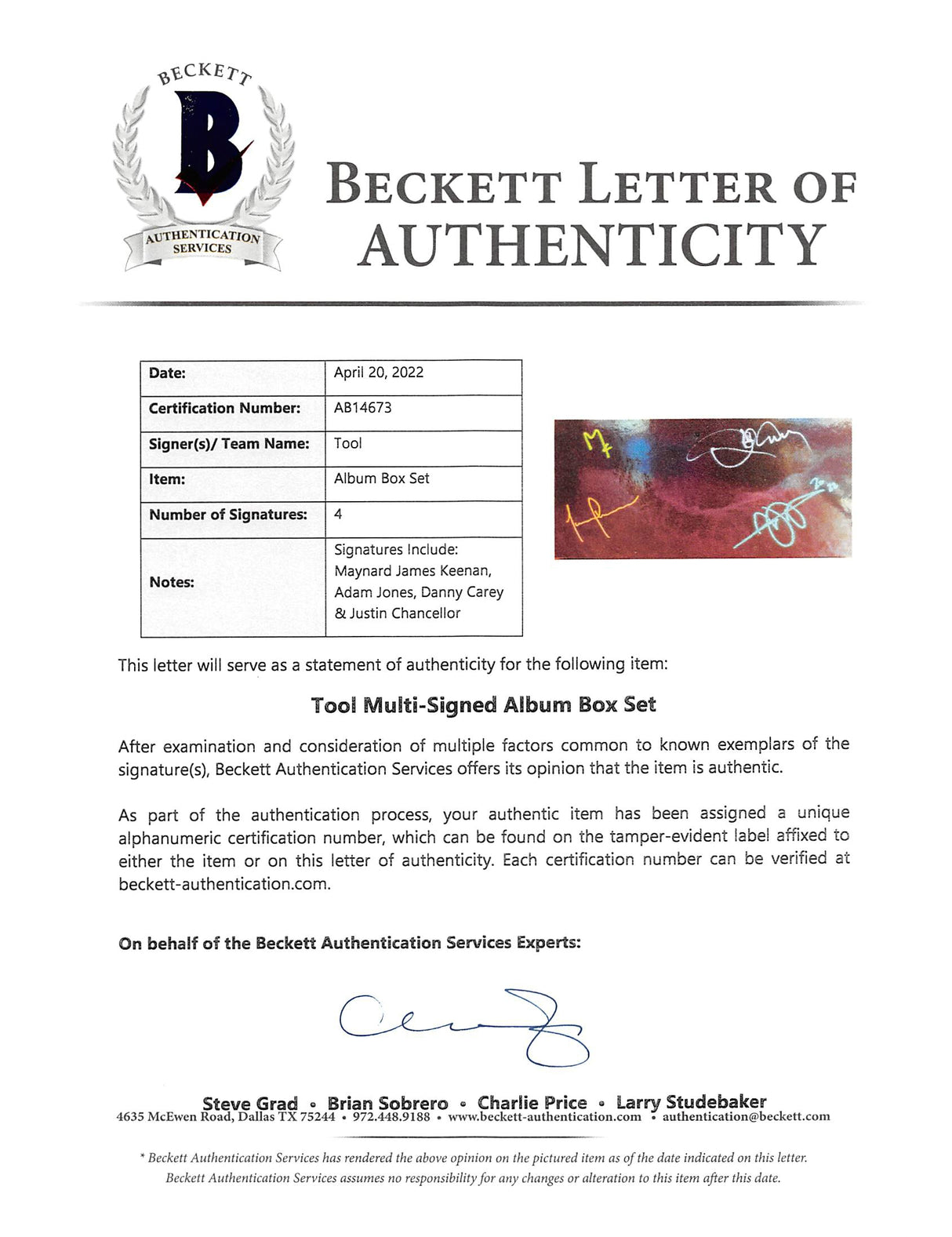 Tool (4) Keenan, Jones, Carey & Chancellor Signed Fear Inoculum Set BAS #AB14673