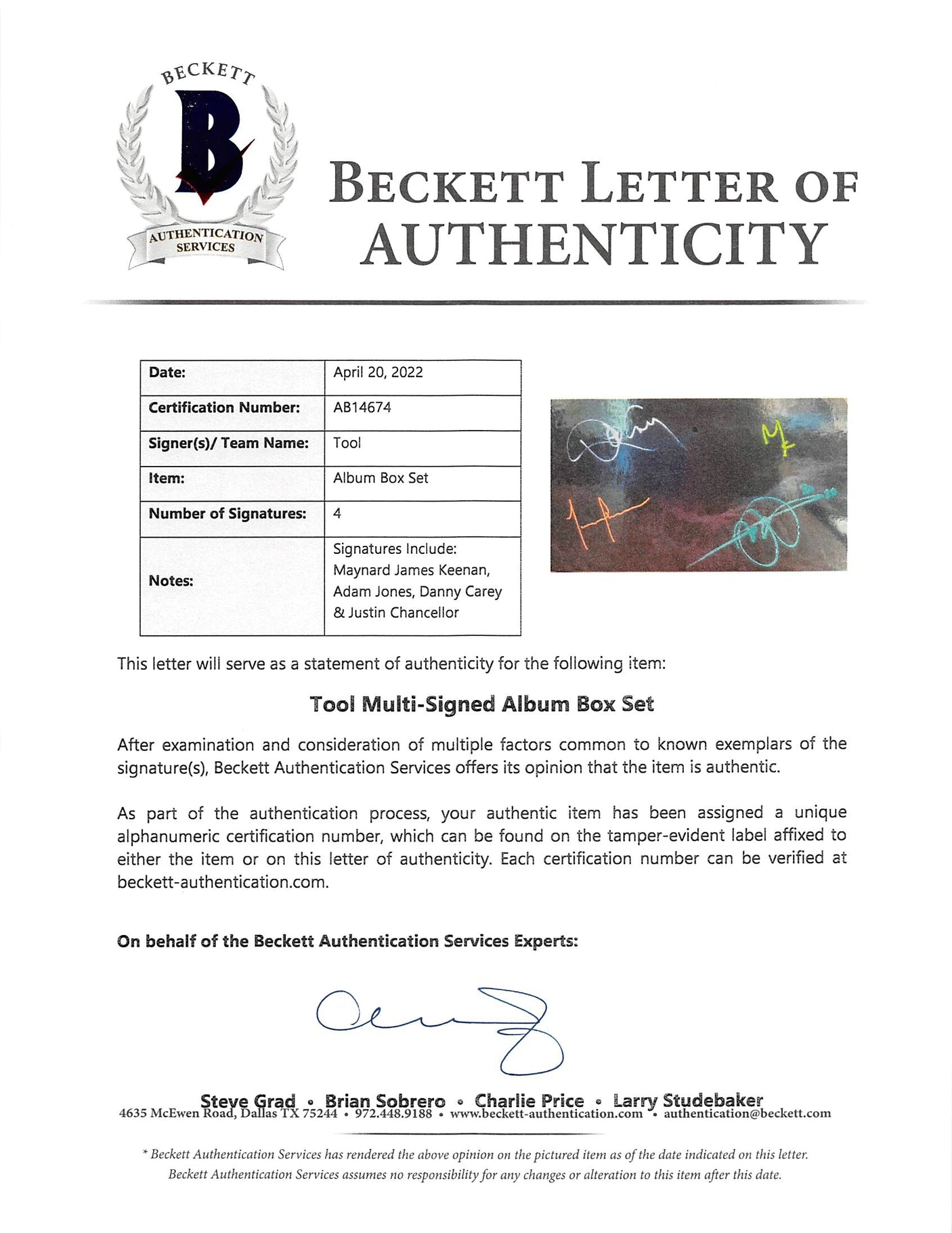 Tool (4) Keenan, Jones, Carey & Chancellor Signed Fear Inoculum Set BAS #AB14674