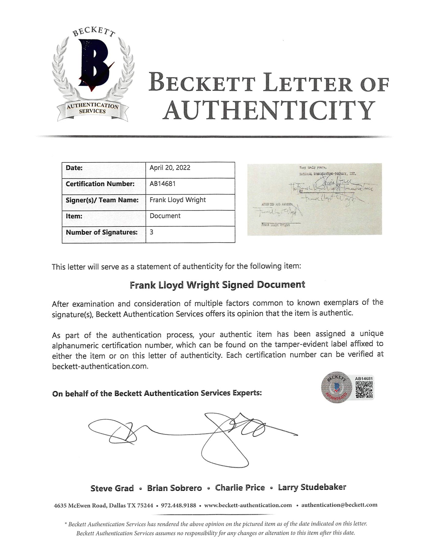 Frank Lloyd Wright Authentic 3x Signed 8.35x9.5 3 Page NBC Contract BAS #AB14681
