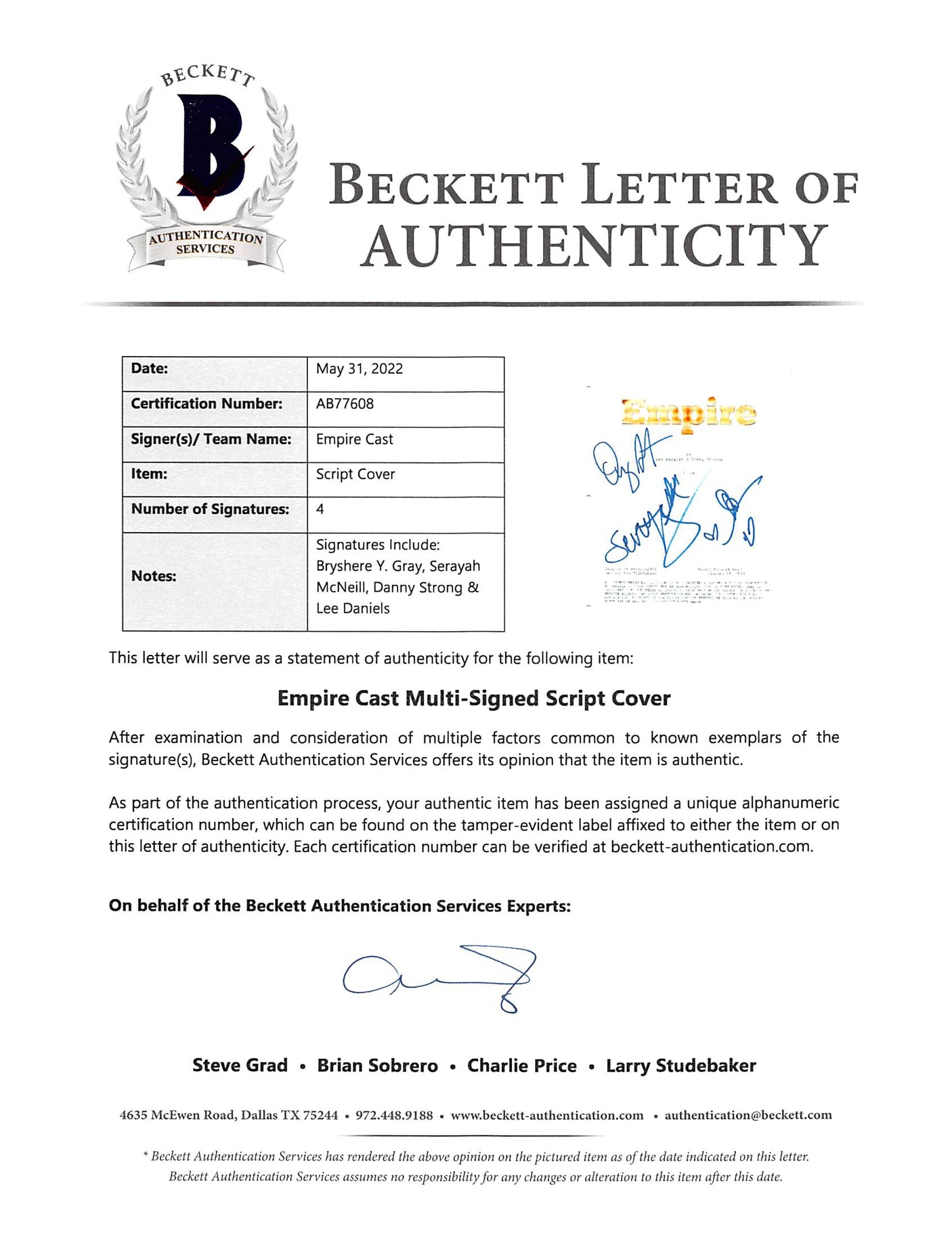 Empire (4) Gray, McNeill, Strong & Daniels Signed Script Cover BAS #AB77608