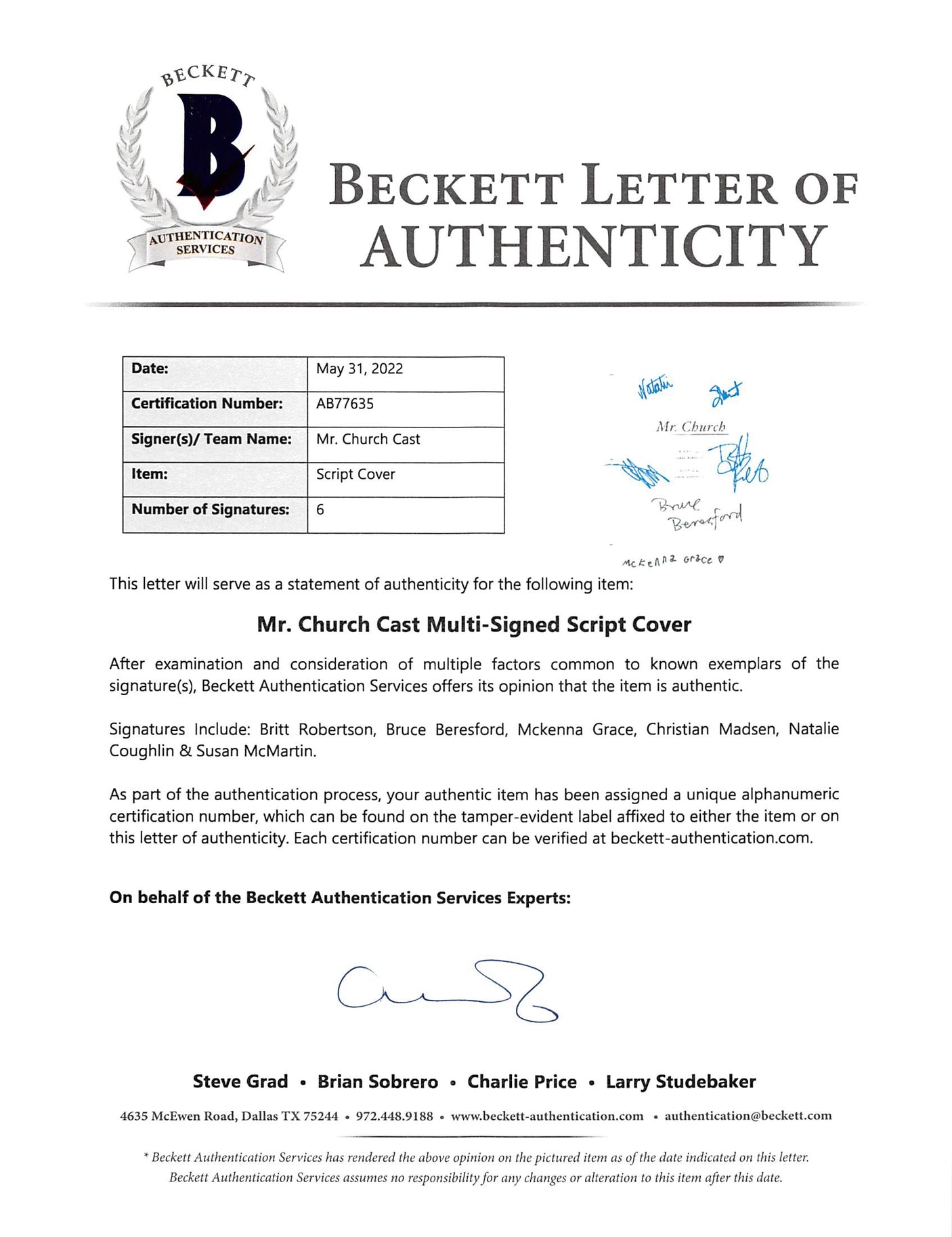 Mr. Church (6) Robertson, Beresford +4 Signed 8.5x11 Script Cover BAS #AB77635