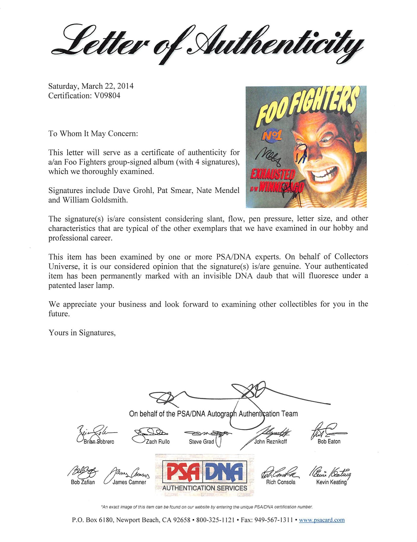 Foo Fighters (4) Signed Exhausted Winnebago Album Cover W/ Vinyl PSA/DNA #V09804