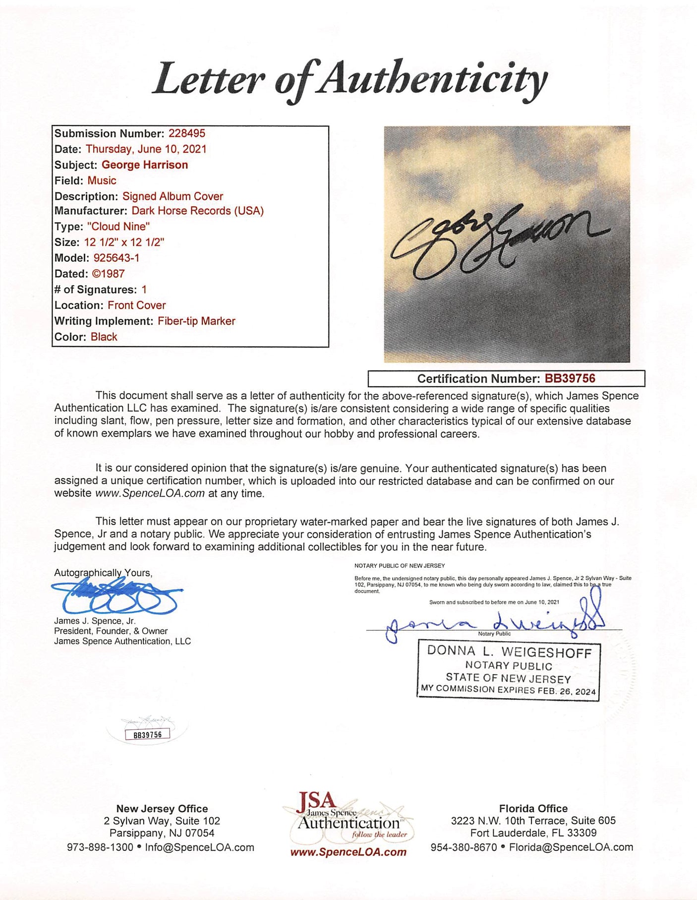 George Harrison Authentic Signed Cloud Nine Album Cover JSA #BB39756