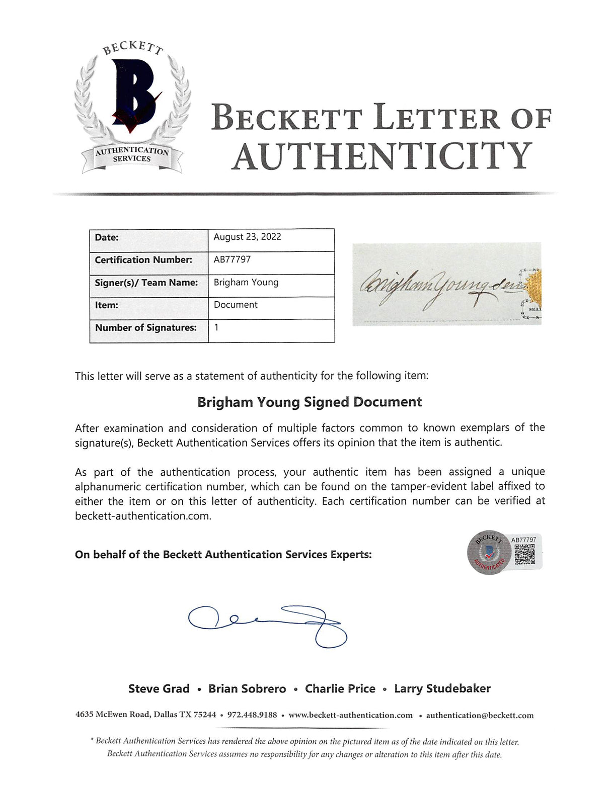 Brigham Young Authentic Signed 7.5x14.5 1873 Land Deed Document BAS #AB77797