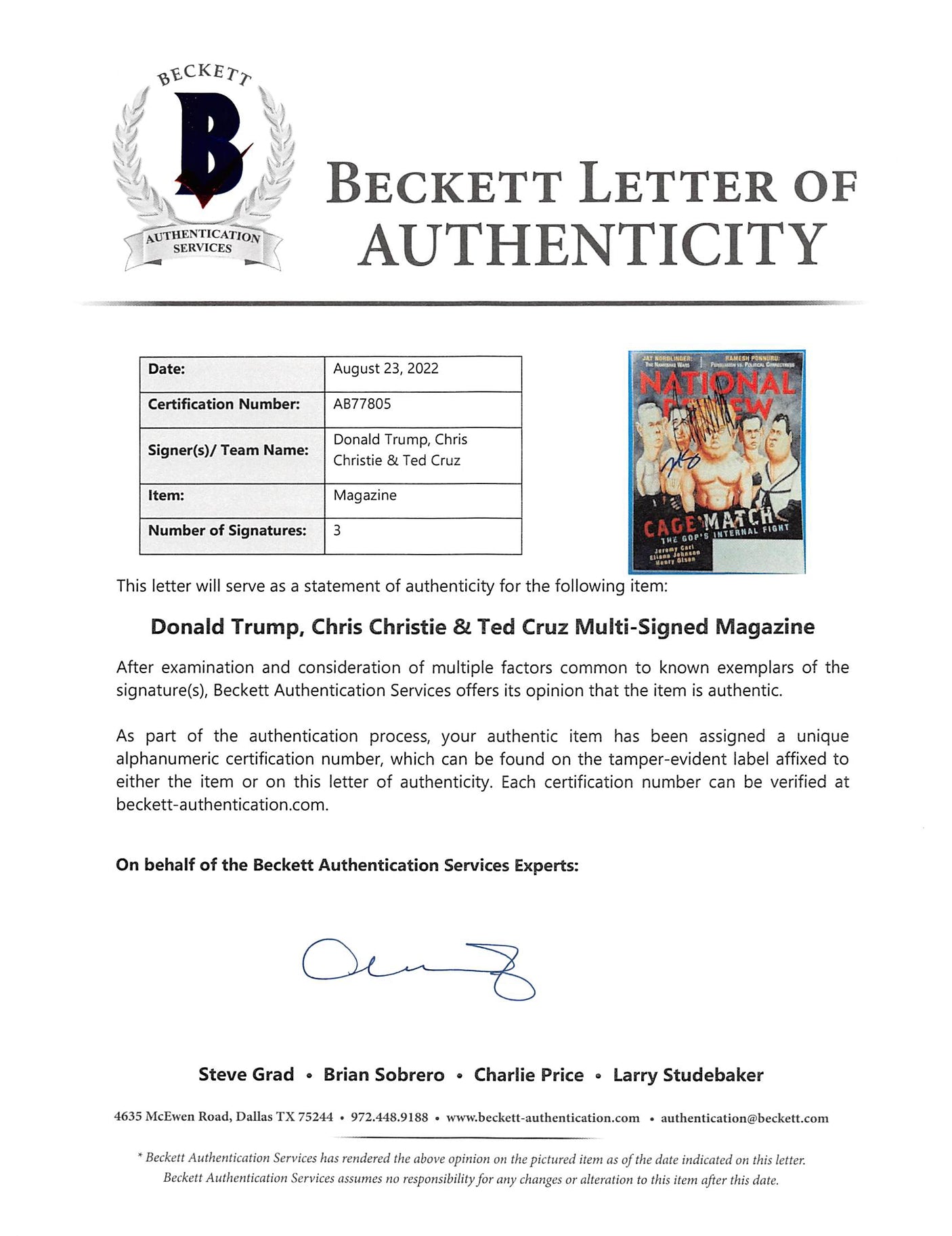 Donald Trump, Ted Cruz & Chris Christie Authentic Signed Magazine BAS #AB77805