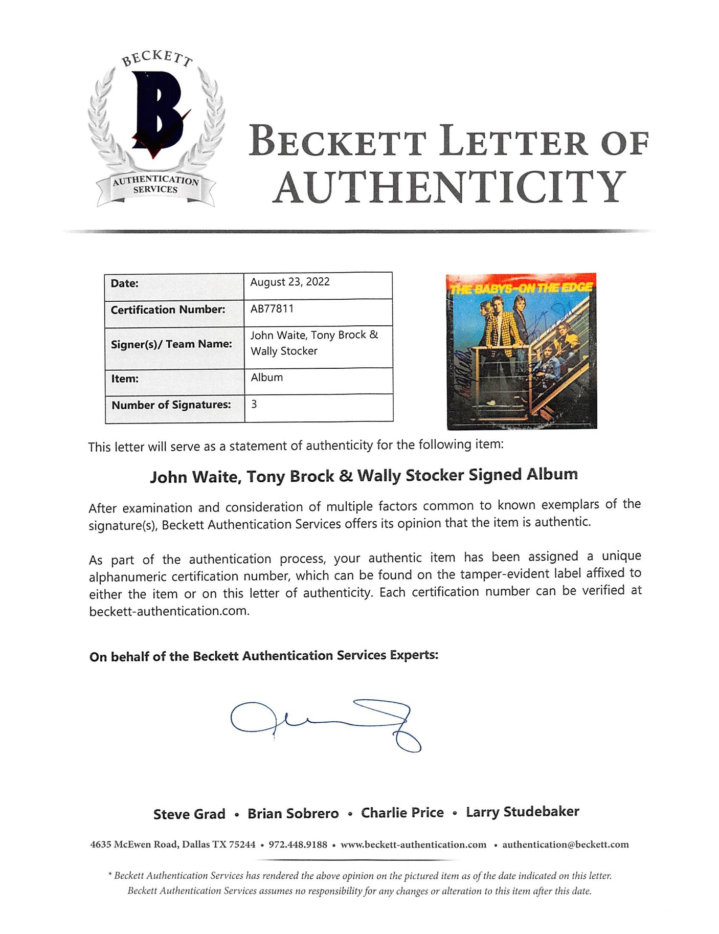The Babys (3) Waite, Brock & Stocker Signed On The Edge Album Cover BAS #AB77811