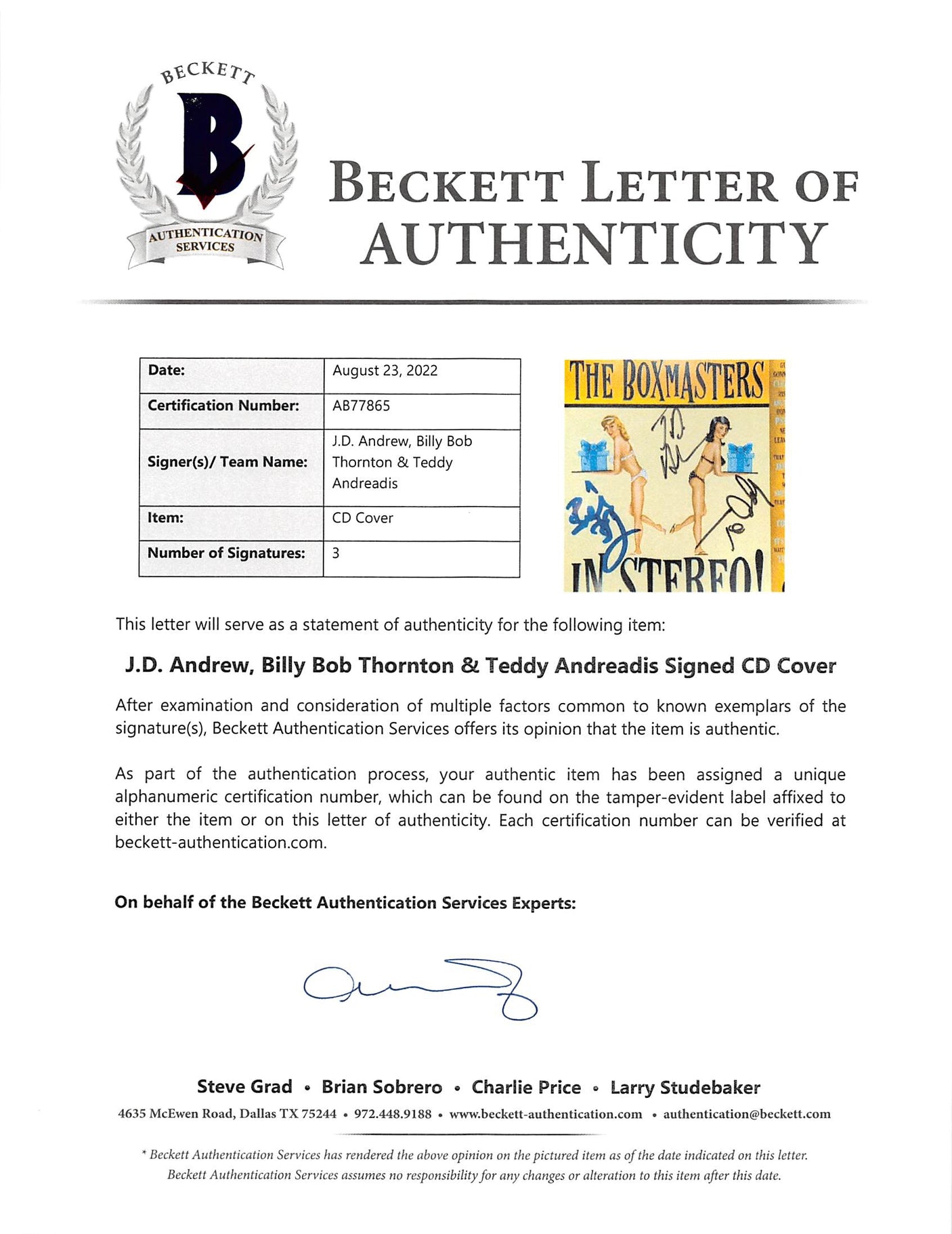 The Boxmasters (3) Thornton, Andrew & Andreadis Signed In Stereo! Cd Cover BAS