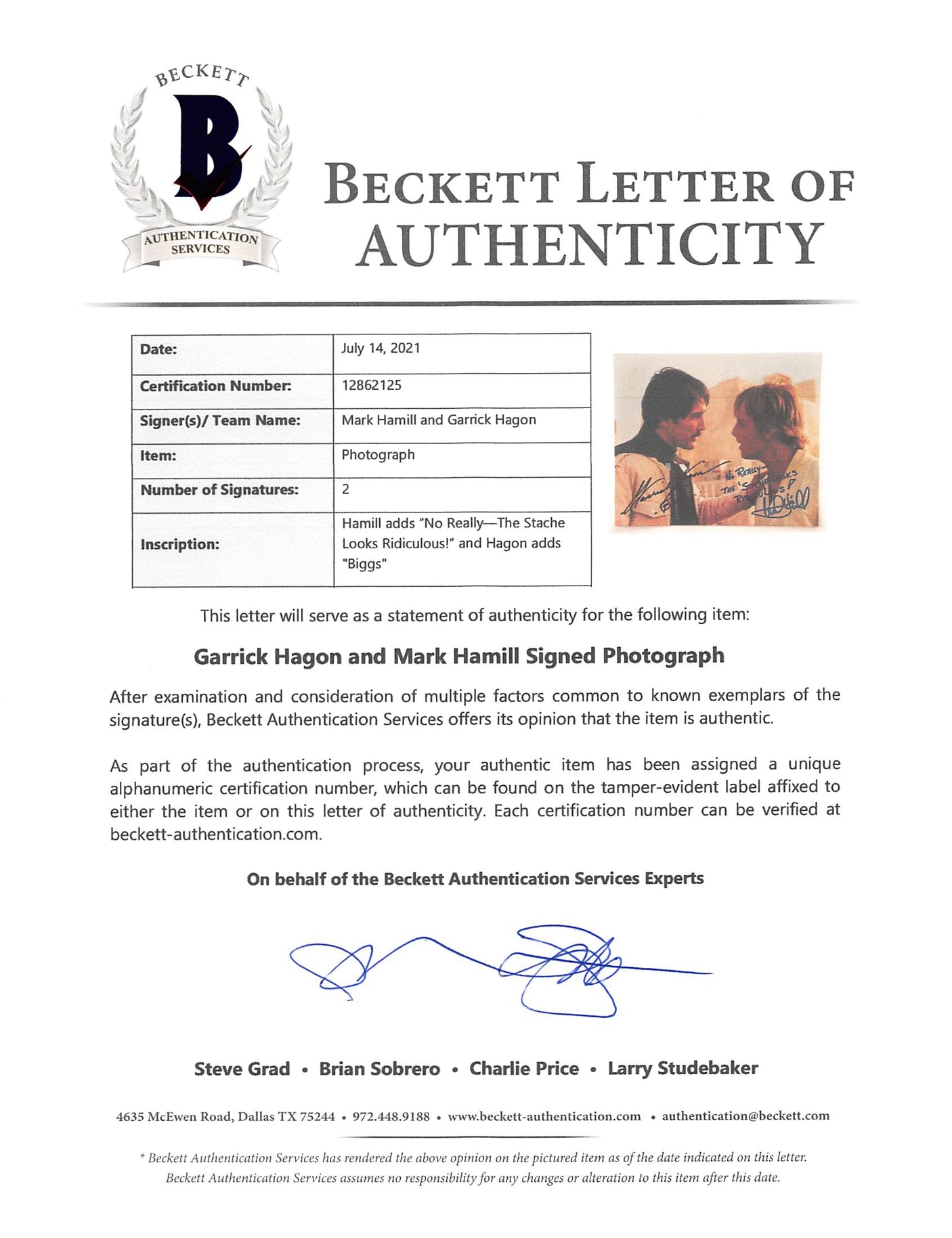 Mark Hamill & Garrick Hagon Star Wars A New Hope Signed 8x10 Photo BAS Slabbed