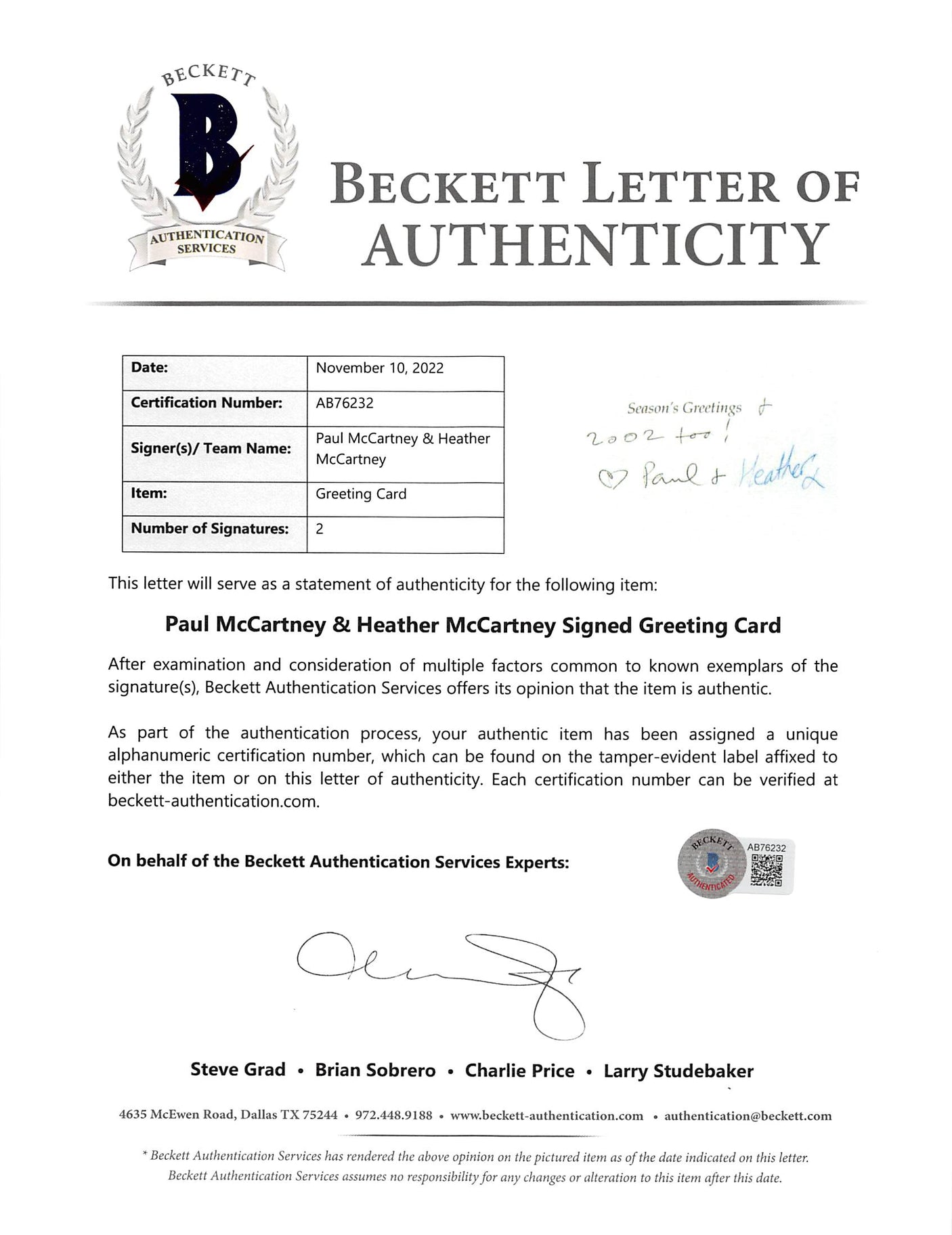 Paul McCartney & Heather Mills Authentic Signed Greeting Card BAS #AB76232