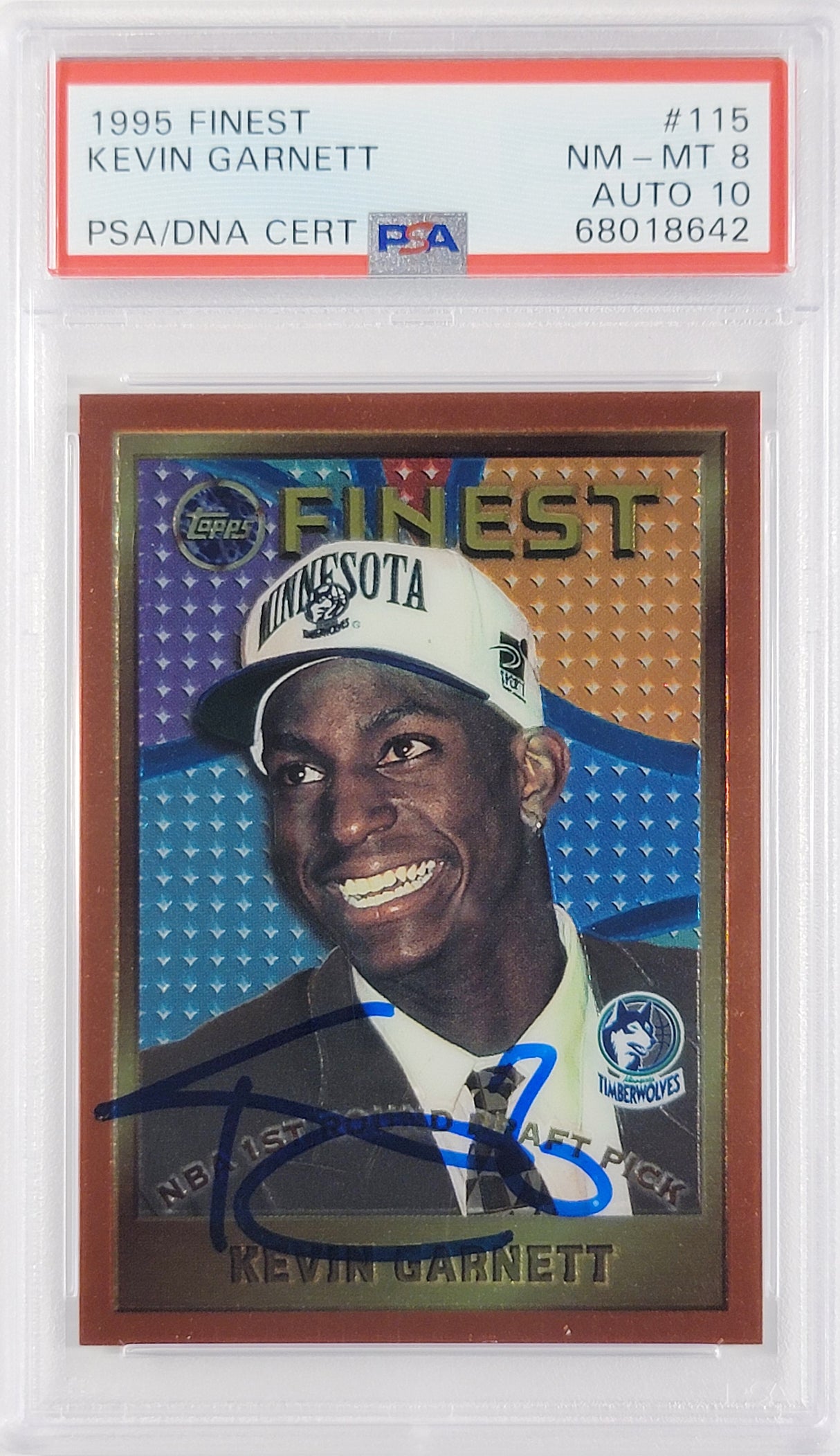 Kevin Garnett Autographed 1995 Topps Finest Rookie Card #115 Minnesota Timberwolves PSA 8 Auto Grade Gem Mint 10 PSA/DNA Stock #211157