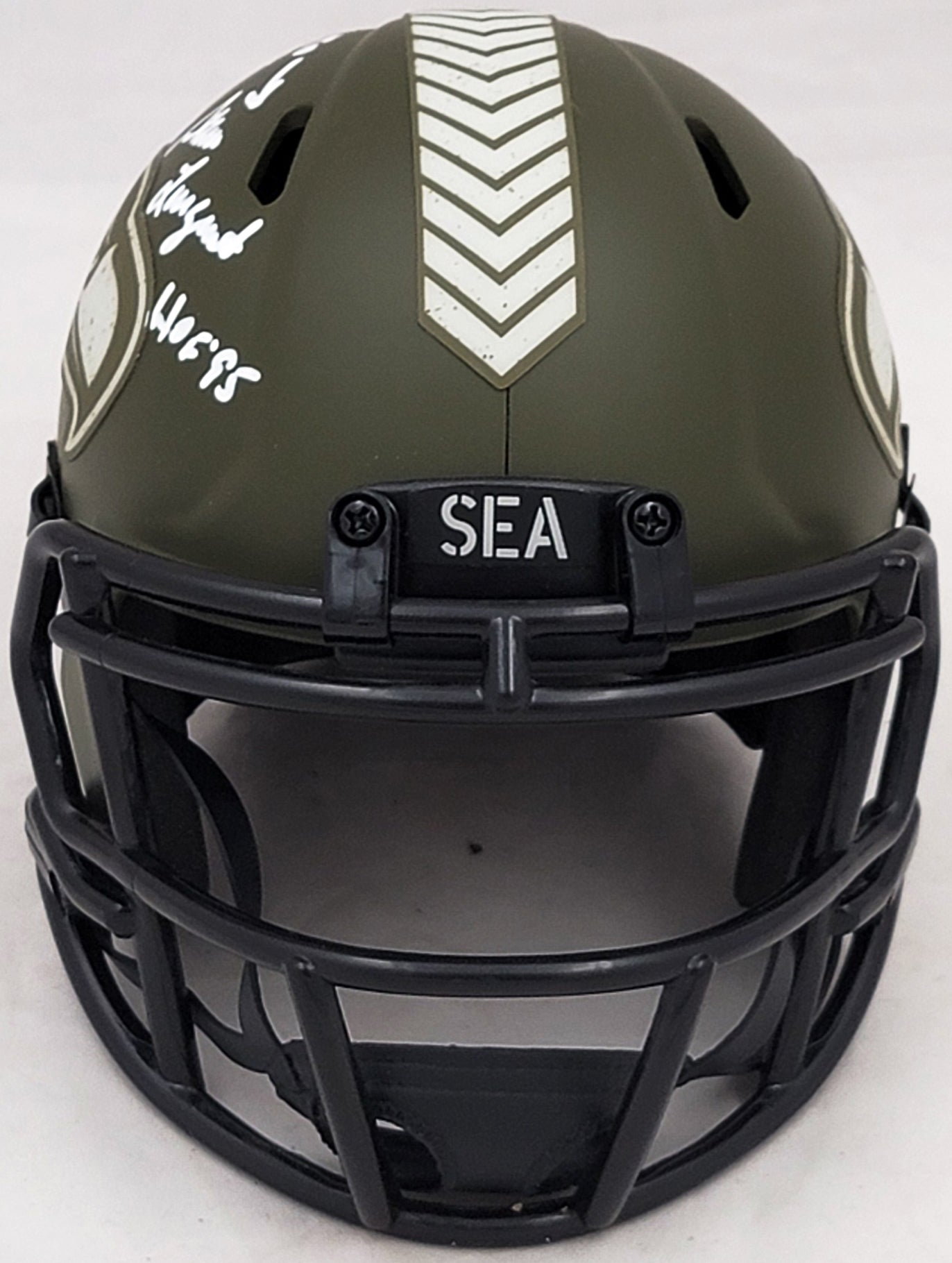 Steve Largent & Jim Zorn Autographed Seattle Seahawks Camo Speed Mini Helmet Salute To Service MCS Holo Stock #211063