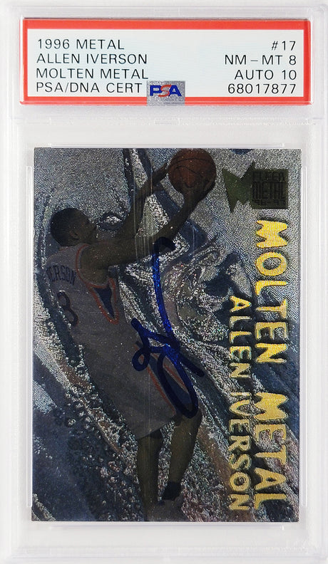 Allen Iverson Autographed 1996-97 Fleer Metal Molten Metal Rookie Card #17 Philadelphia 76ers PSA 8 Auto Grade Gem Mint 10 PSA/DNA #68017877