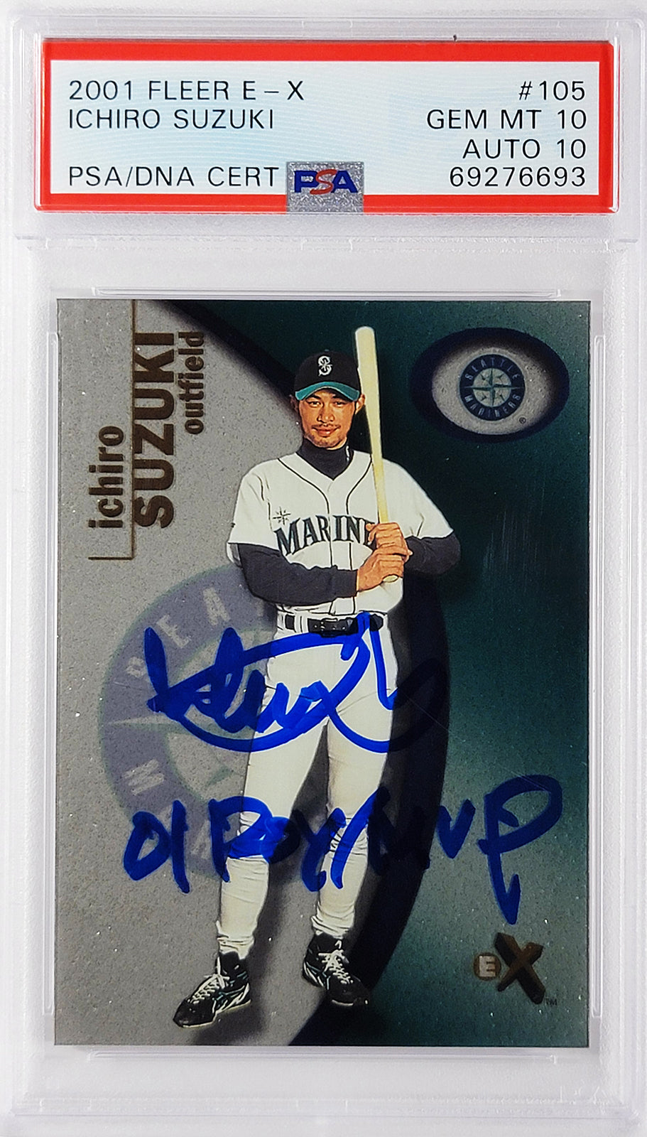 Ichiro Suzuki Autographed 2001 Fleer E-X Rookie Card #105 Seattle Mariners PSA 10 Auto Grade Gem Mint 10 "01 ROY/MVP" Pop 1 #950/1999 PSA/DNA #69276693
