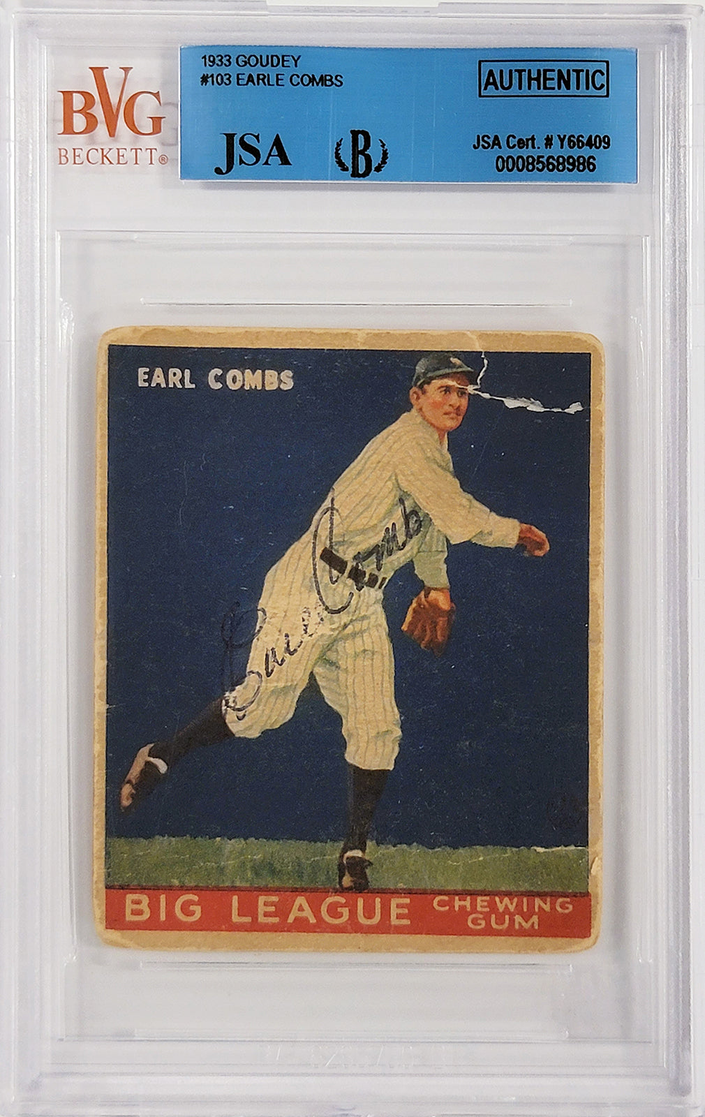Earle Combs Autographed 1933 Goudey Rookie Card #103 New York Yankees JSA #Y66409
