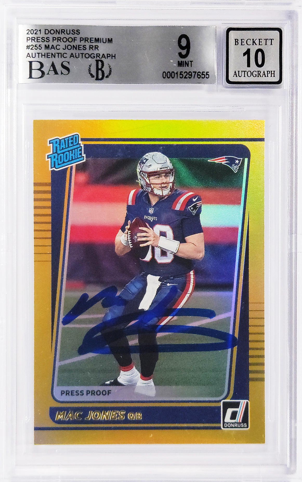 Mac Jones Autographed 2021 Donruss Gold Press Proof Premium Rookie Card #255 New England Patriots BGS 9 Auto Grade Gem Mint 10 Beckett BAS #15297655