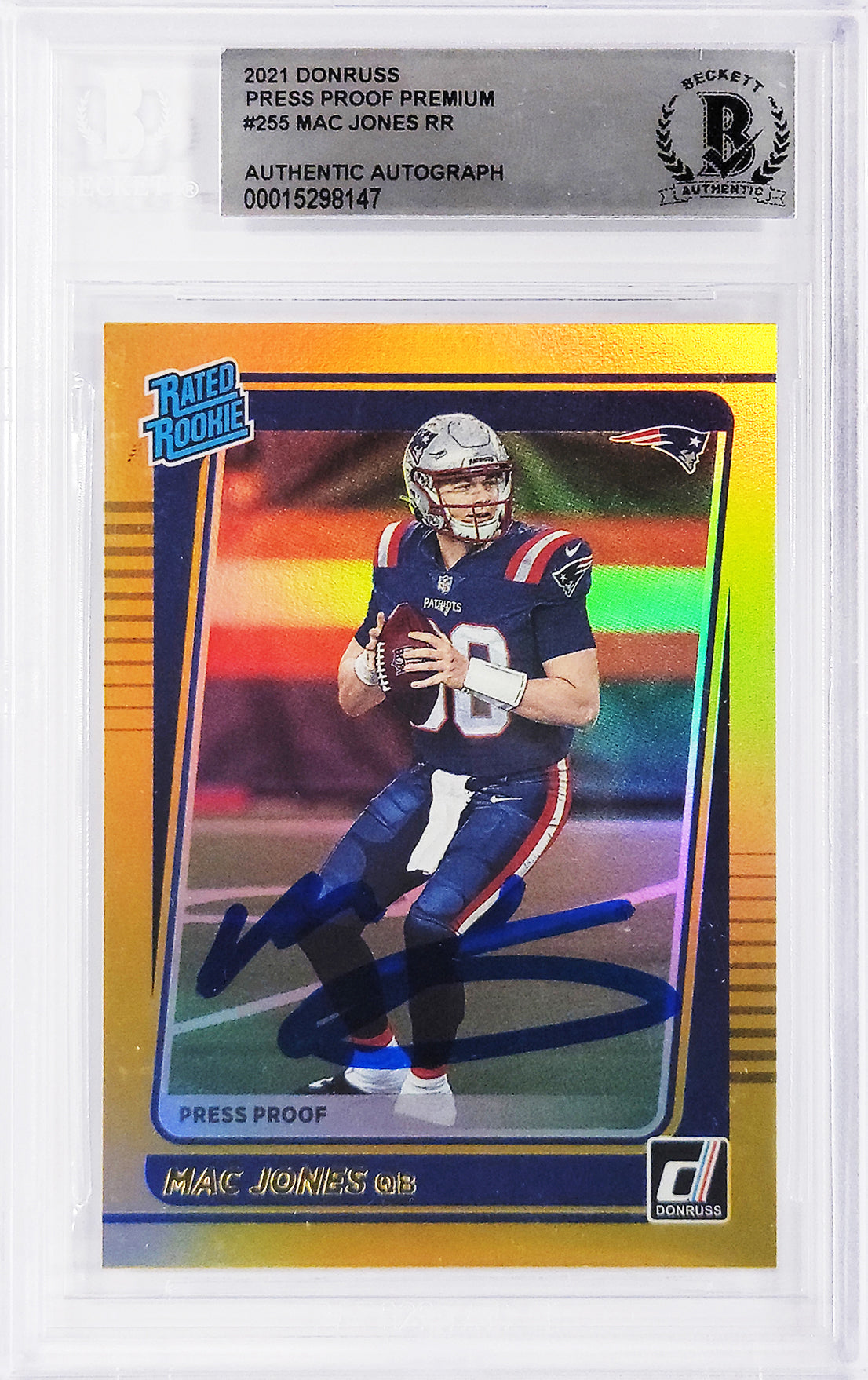 Mac Jones Autographed 2021 Donruss Gold Press Proof Premium Rookie Card #255 New England Patriots Beckett BAS #15298147