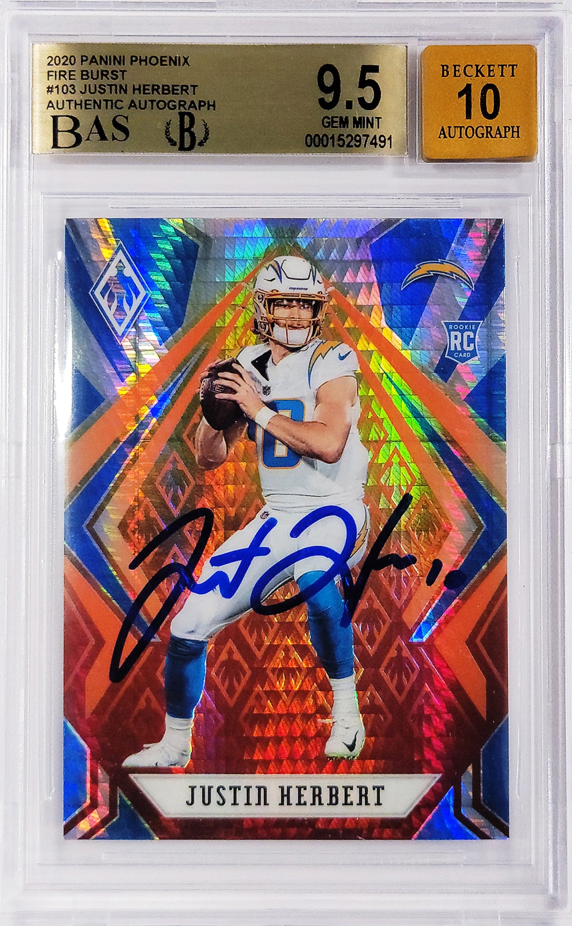 Justin Herbert Autographed 2020 Panini Phoenix Fire Burst Rookie Card #103 Los Angeles Chargers BGS 9.5 Auto Grade Gem Mint 10 Beckett BAS Stock #211827