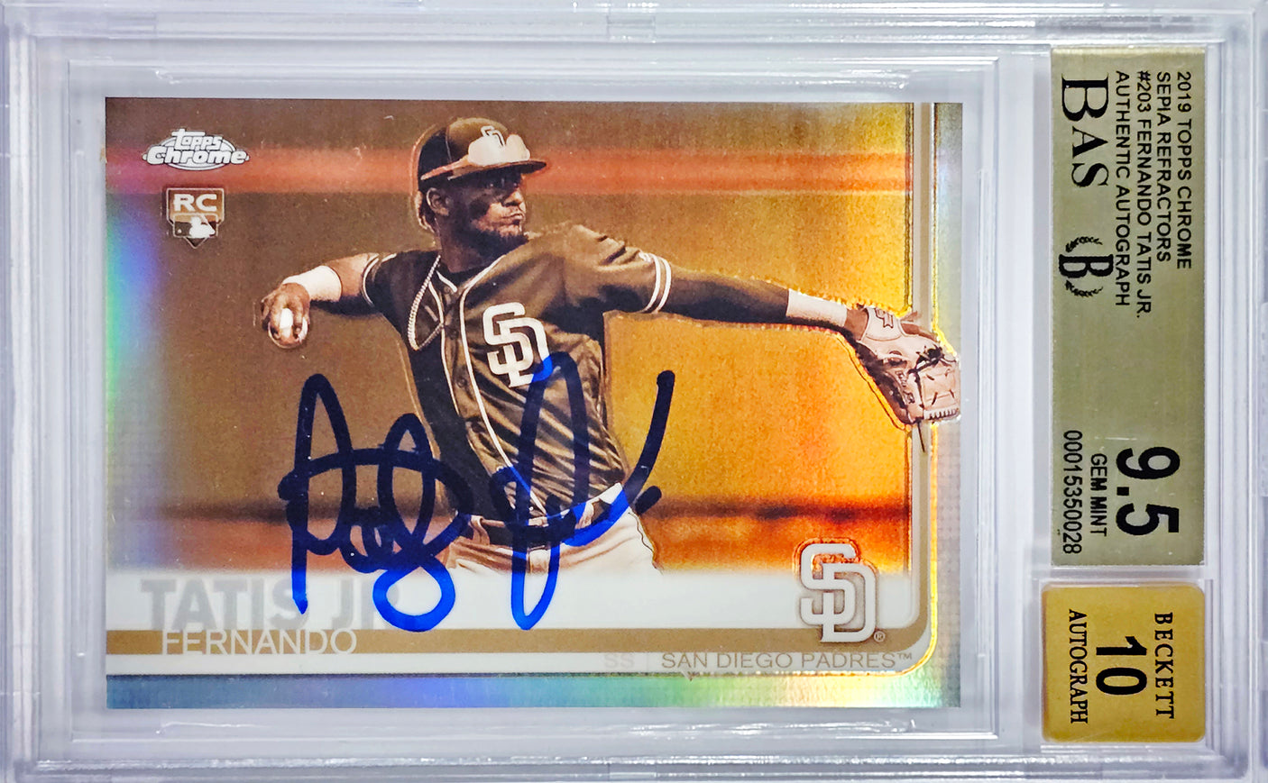 Fernando Tatis Jr. Autographed 2019 Topps Chrome Sepia Refractor Rookie Card #203 San Diego Padres BGS 9.5 Auto Grade Gem Mint 10 Highest Graded Beckett BAS #15350028