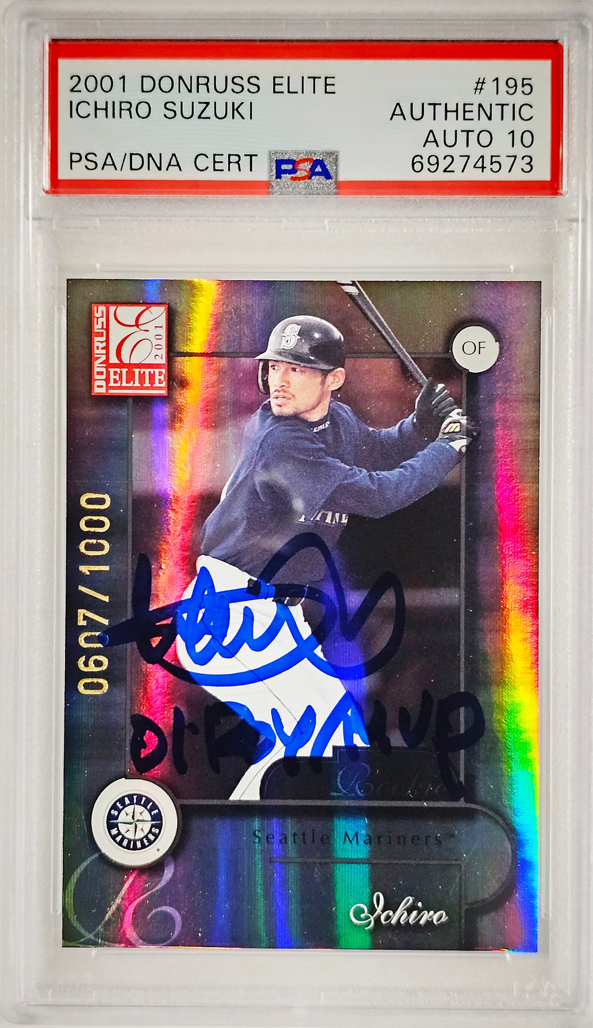 Ichiro Suzuki Autographed 2001 Donruss Elite Rookie Card #195 Seattle Mariners Auto Grade Gem Mint 10 "01 ROY/MVP" #607/1000 PSA/DNA #69274573