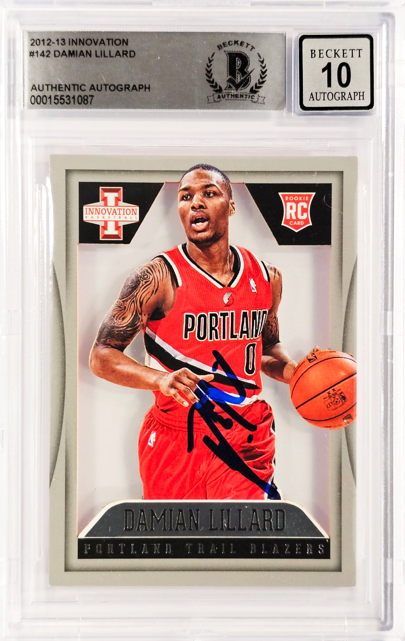 Damian Lillard Autographed 2012-13 Panini Innovation Rookie Card #142 Portland Trail Blazers Auto Grade Gem Mint 10 #34/349 Beckett BAS #15531087